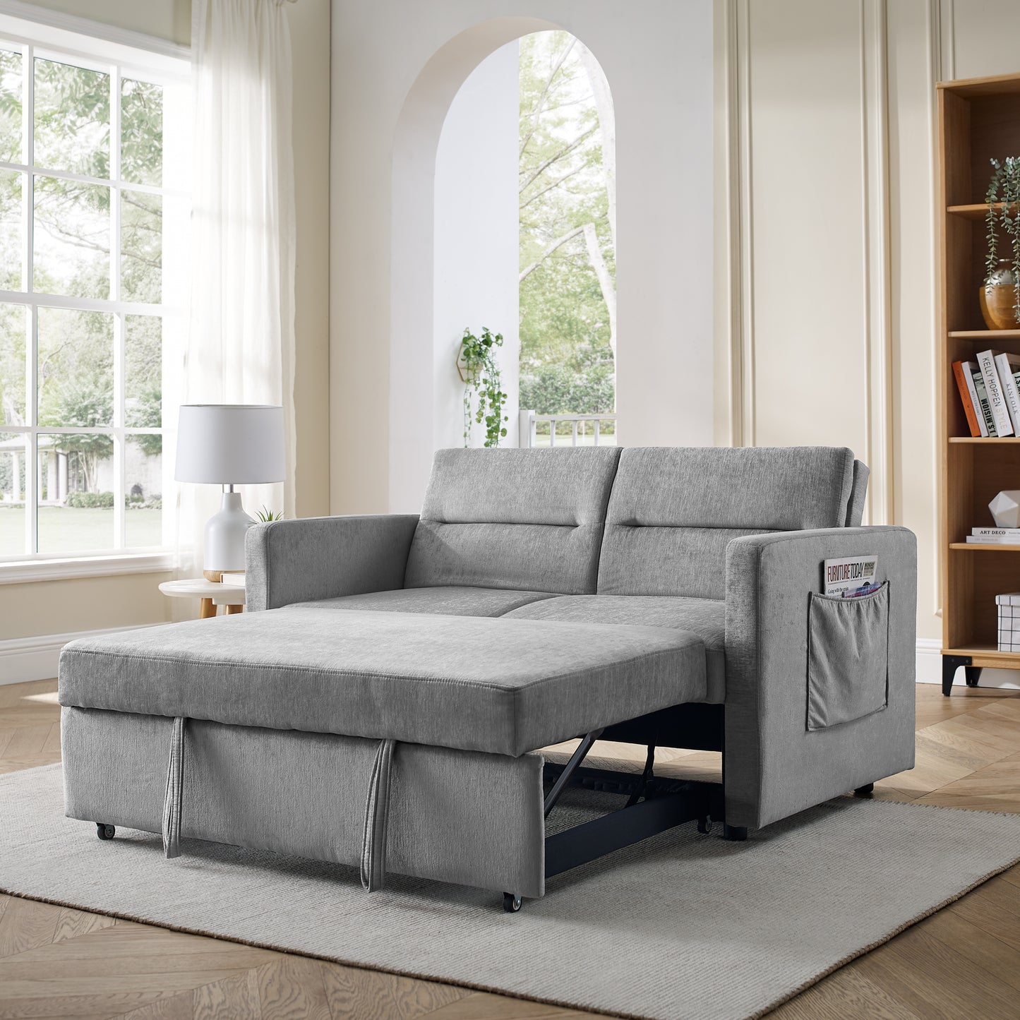 Upholstered Sleeper Sofa Bed with Adjustable Backrest and Foam Cushion- Grey_0
