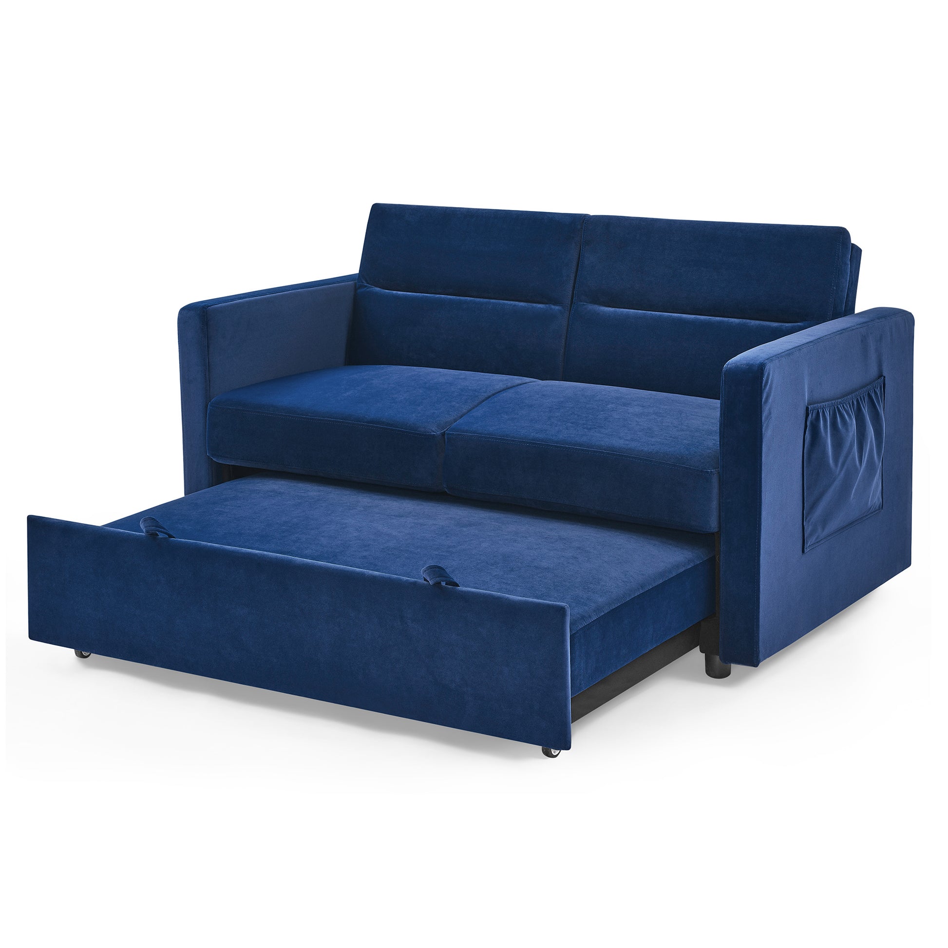Upholstered Sleeper Velvet Sofa Bed with Adjustable Backrest and Foam Cushion- Blue_16