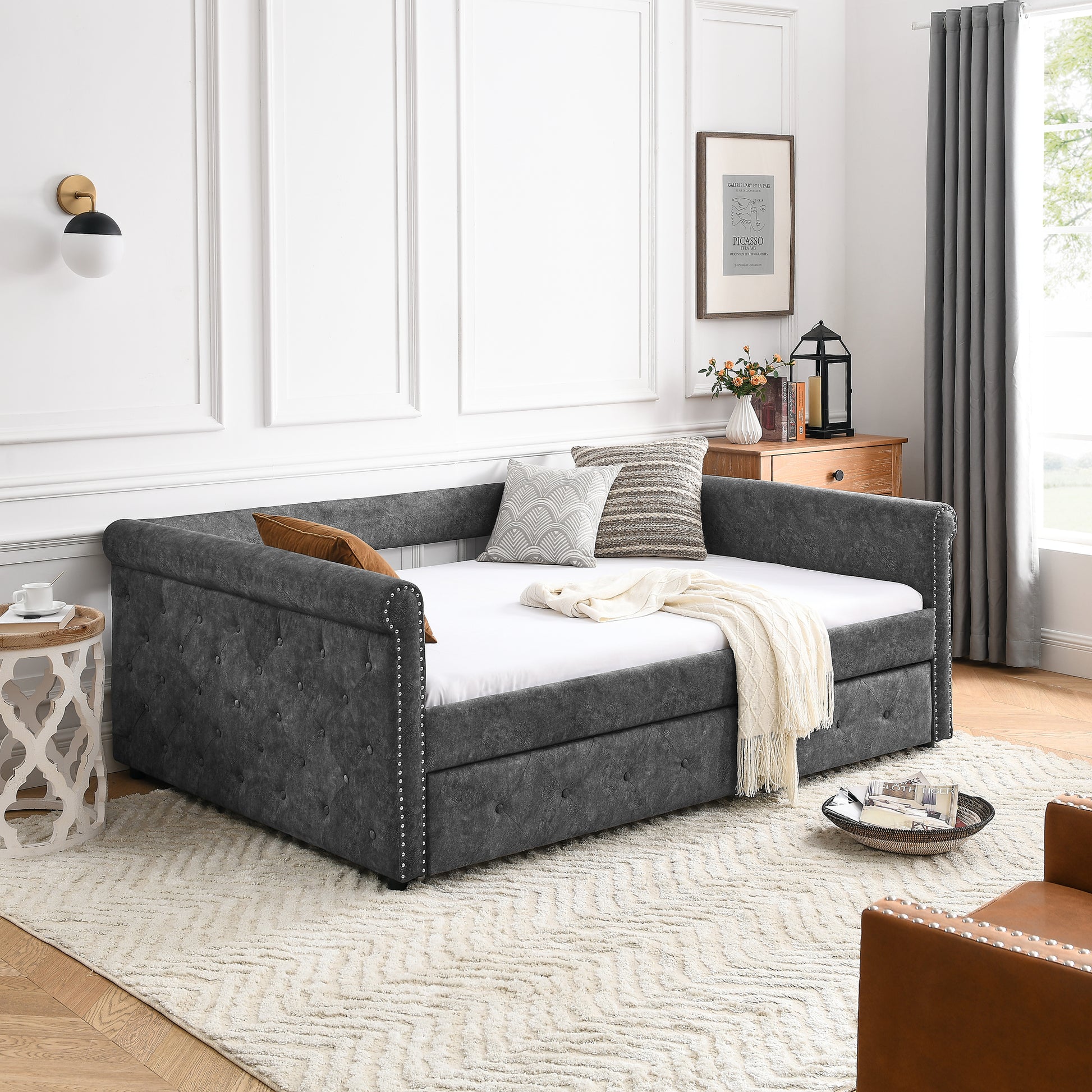 Twin Size Daybed with Trundle Upholstered Tufted Sofa Bed with Button and Copper Nails- Grey_1