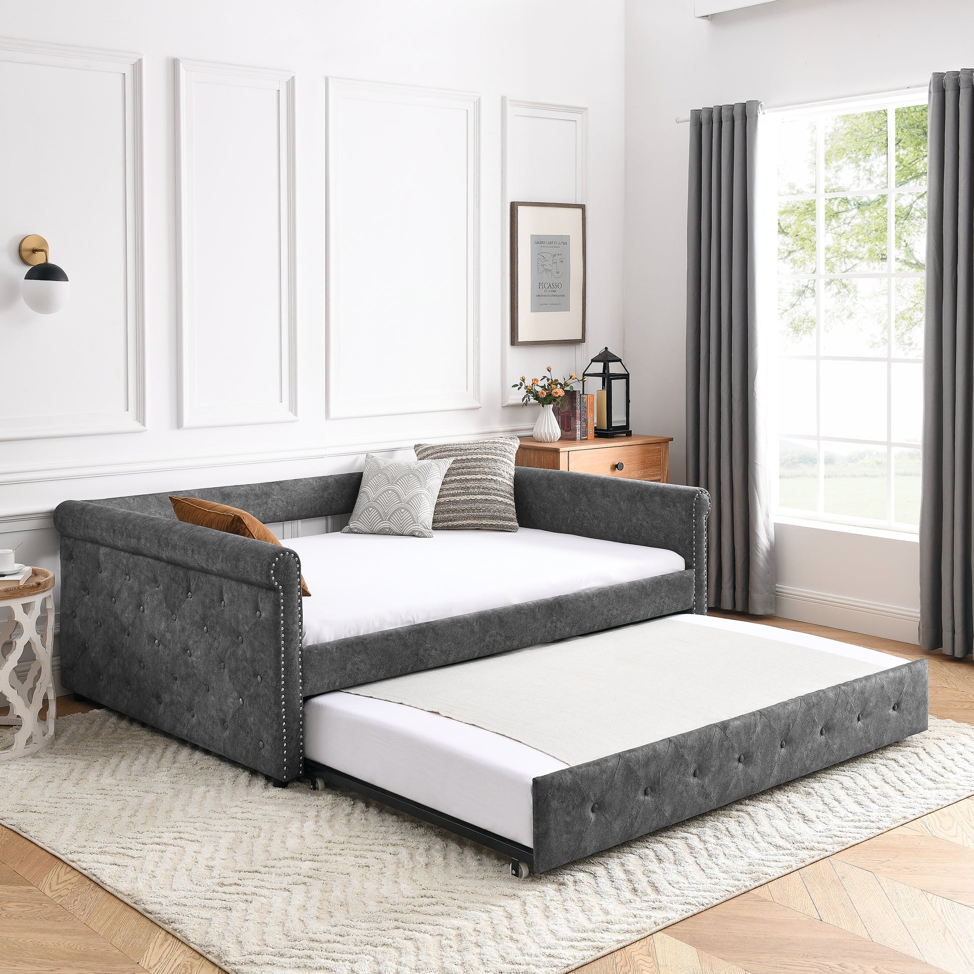 Twin Size Daybed with Trundle Upholstered Tufted Sofa Bed with Button and Copper Nails- Grey_0