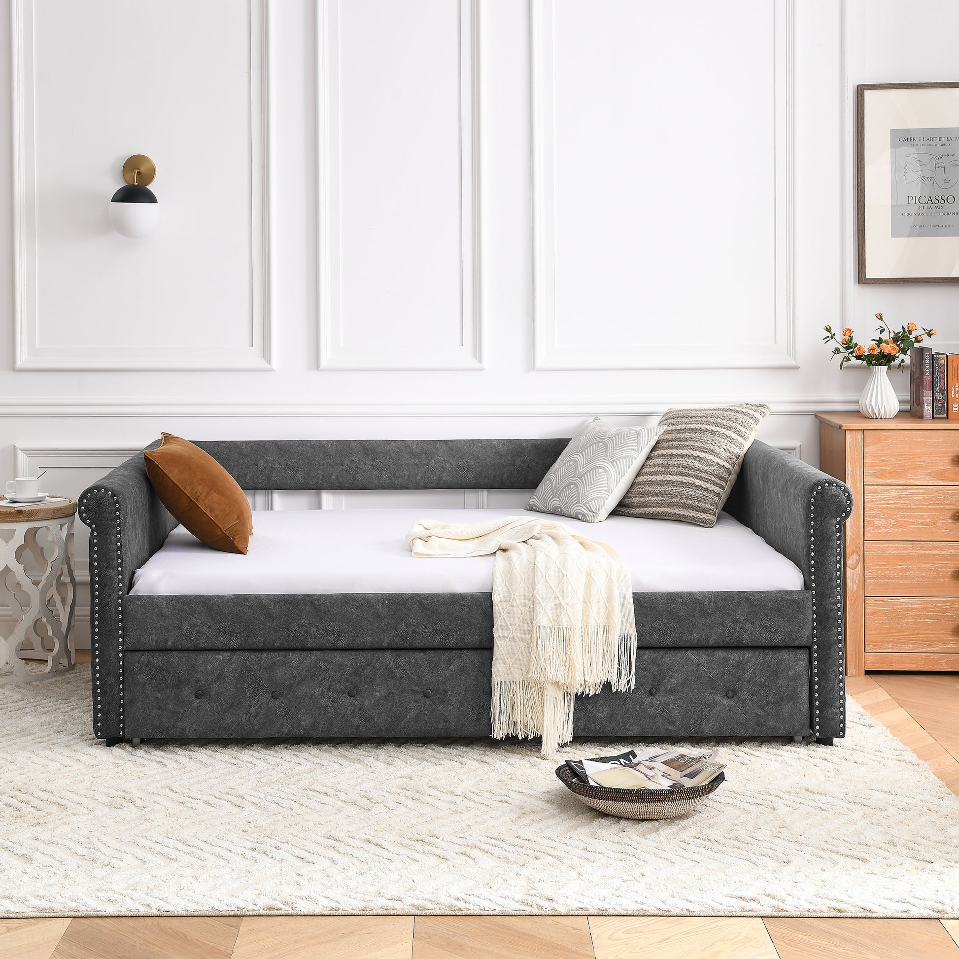 Twin Size Daybed with Trundle Upholstered Tufted Sofa Bed with Button and Copper Nails- Grey_2