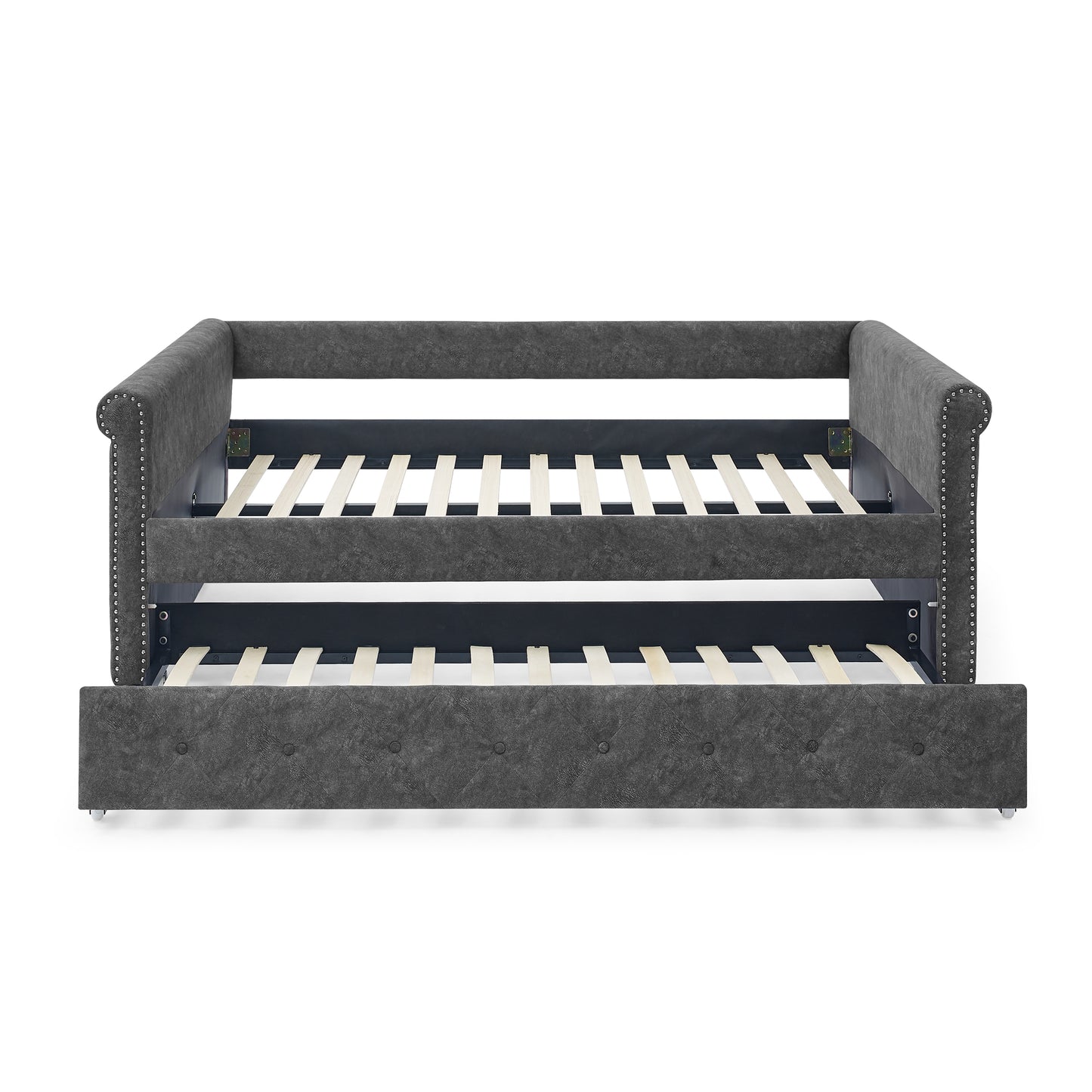 Twin Size Daybed with Trundle Upholstered Tufted Sofa Bed with Button and Copper Nails- Grey_4