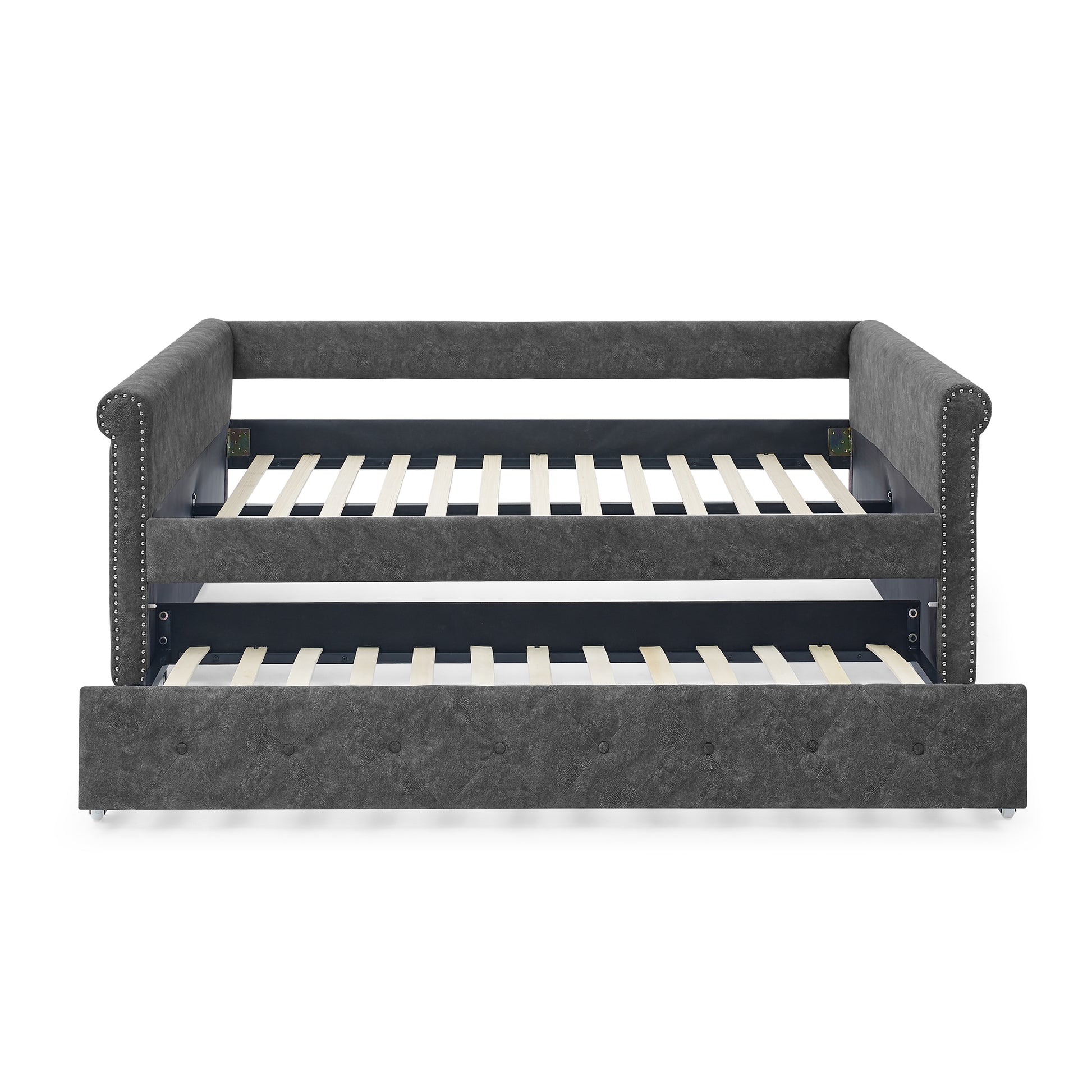 Twin Size Daybed with Trundle Upholstered Tufted Sofa Bed with Button and Copper Nails- Grey_4