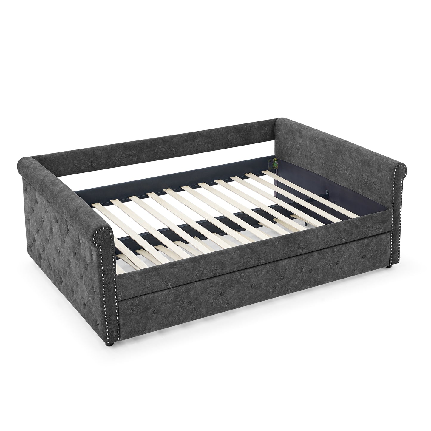 Twin Size Daybed with Trundle Upholstered Tufted Sofa Bed with Button and Copper Nails- Grey_3