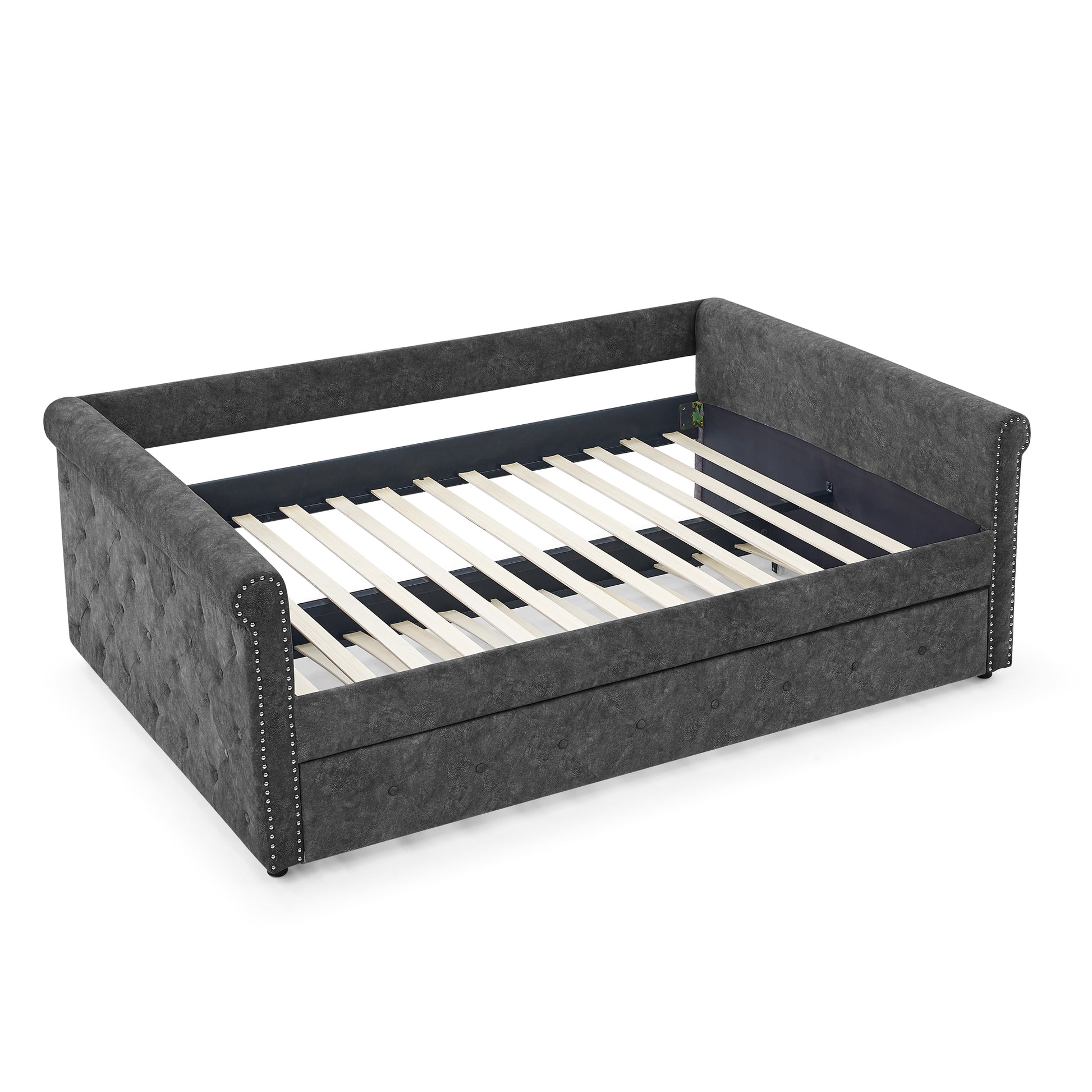 Twin Size Daybed with Trundle Upholstered Tufted Sofa Bed with Button and Copper Nails- Grey_3