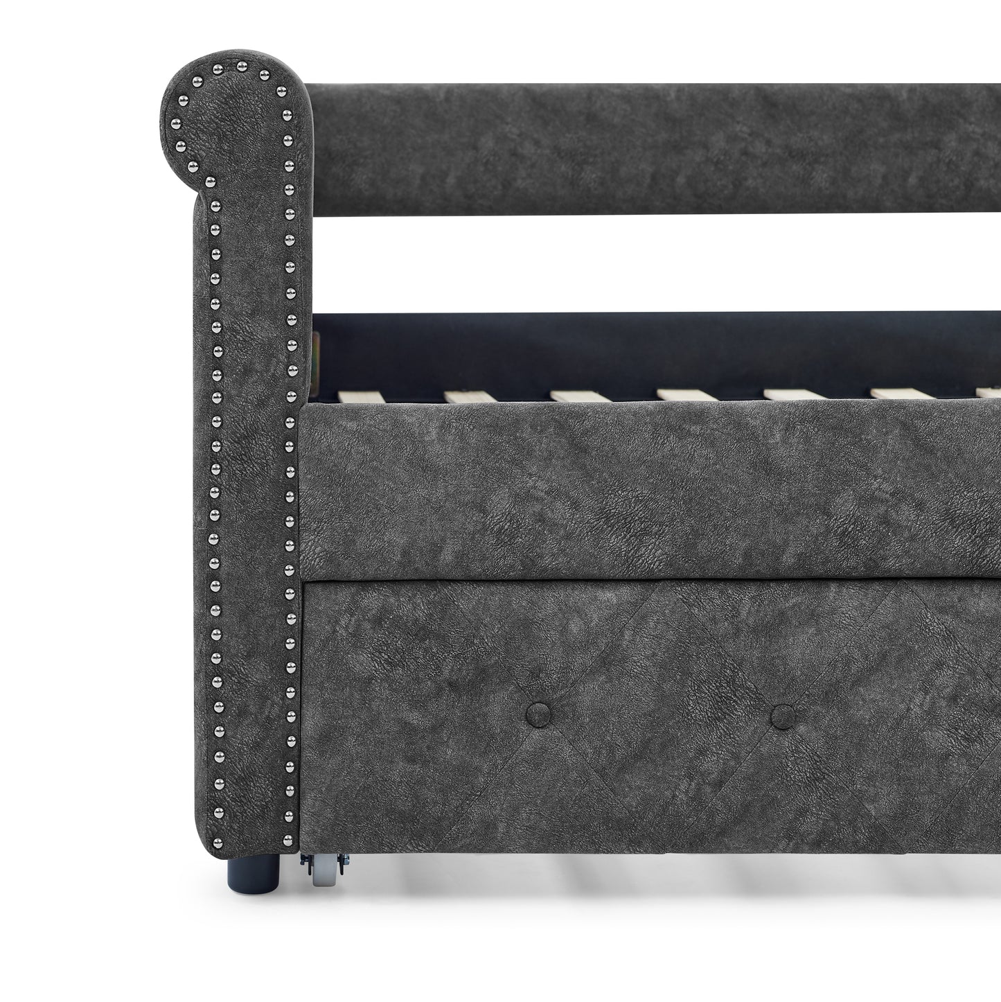 Twin Size Daybed with Trundle Upholstered Tufted Sofa Bed with Button and Copper Nails- Grey_8