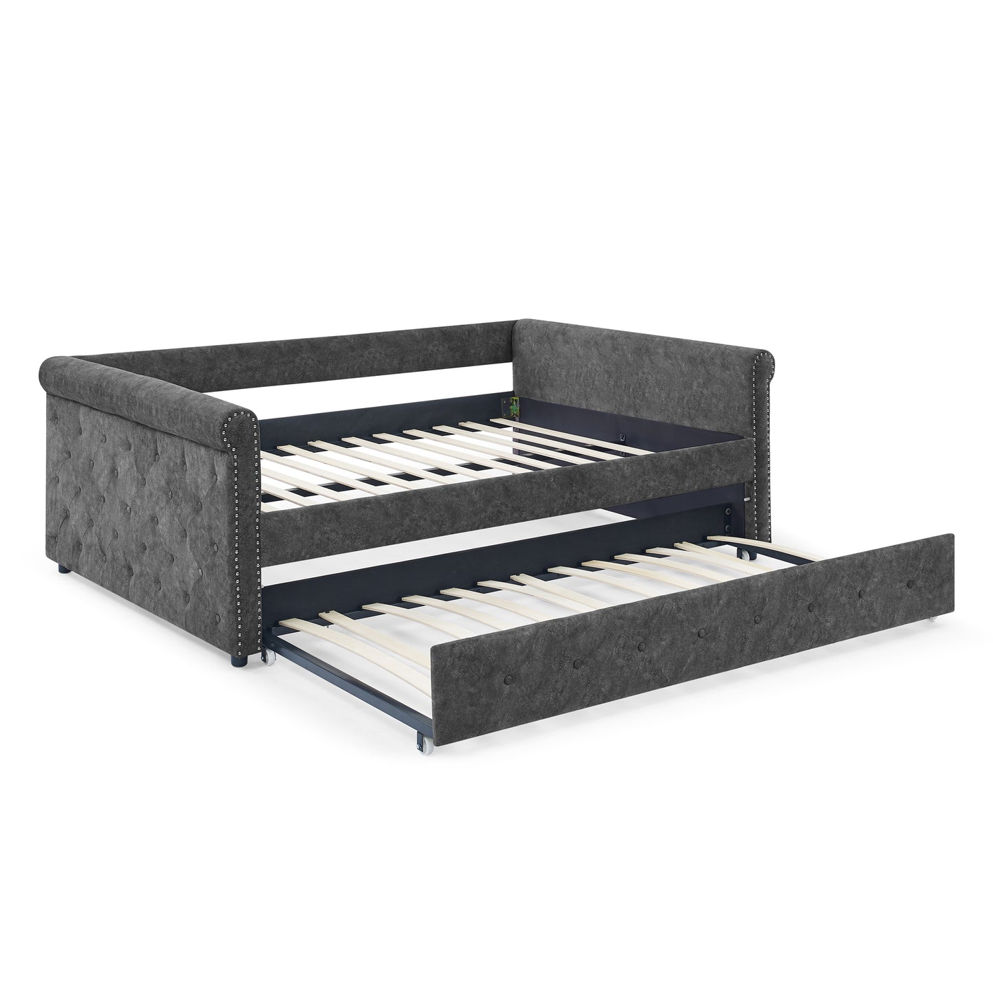 Twin Size Daybed with Trundle Upholstered Tufted Sofa Bed with Button and Copper Nails- Grey_5