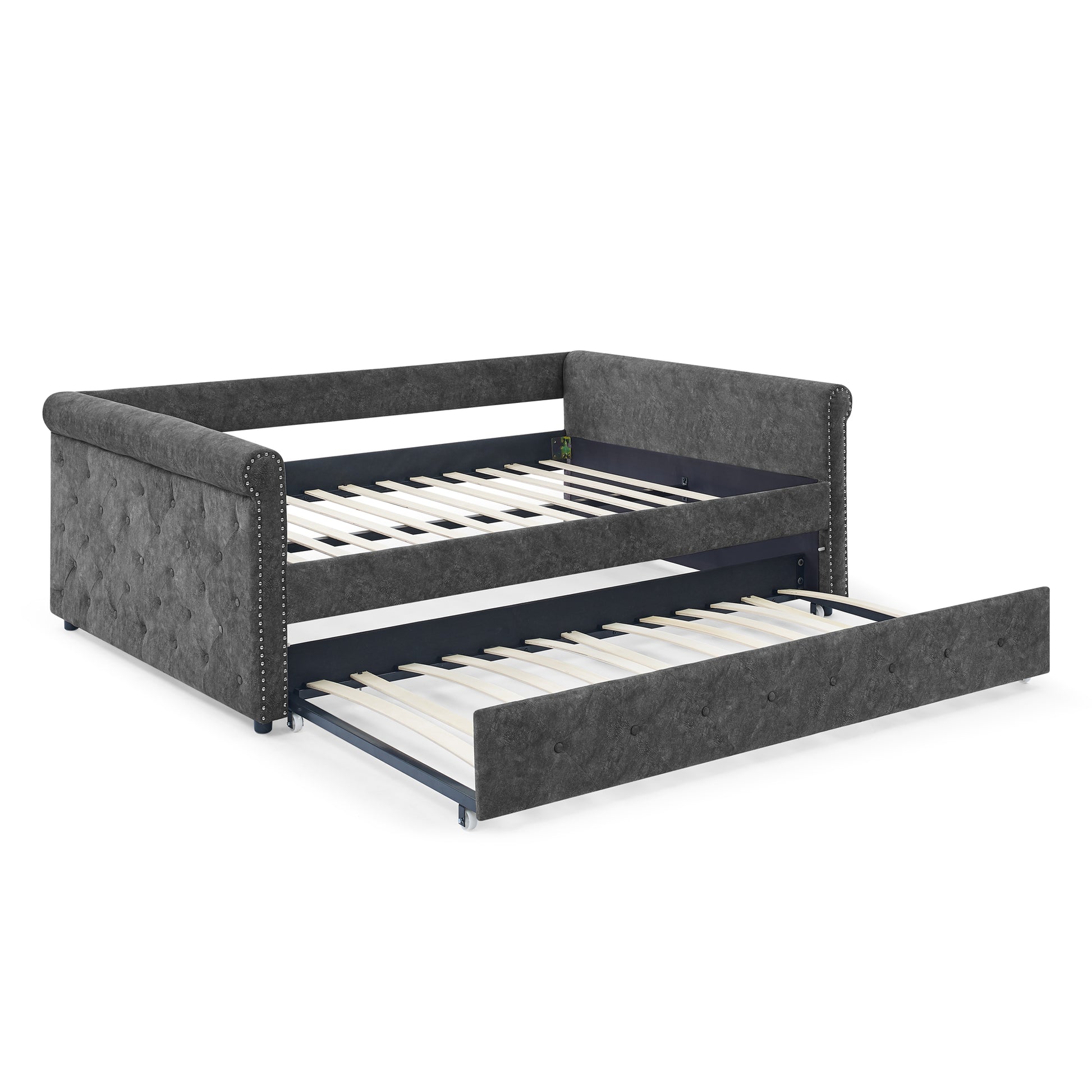Twin Size Daybed with Trundle Upholstered Tufted Sofa Bed with Button and Copper Nails- Grey_5