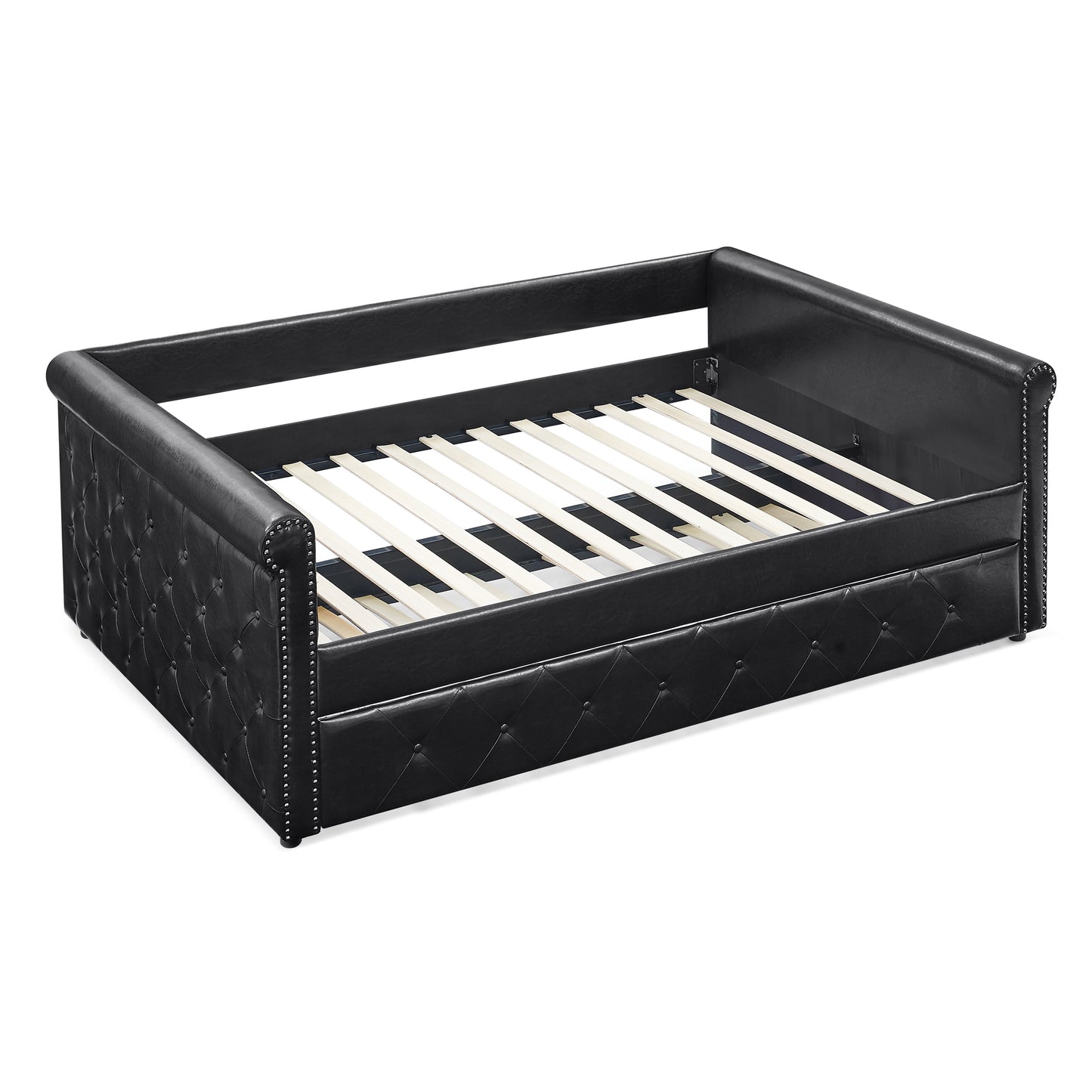 Twin Size Daybed with Trundle Upholstered Tufted Sofa Bed with Button and Copper Nails- Black, PU_3