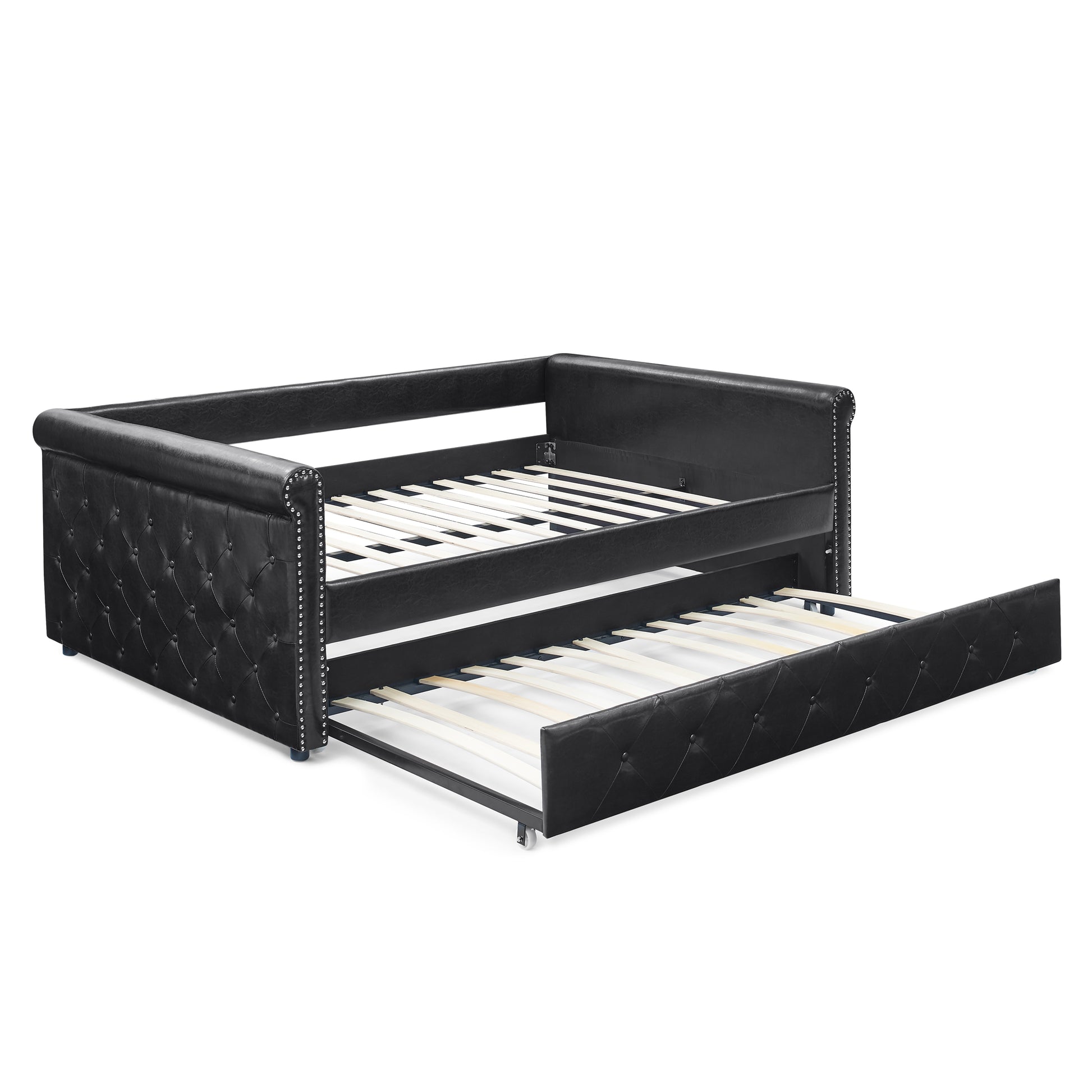 Twin Size Daybed with Trundle Upholstered Tufted Sofa Bed with Button and Copper Nails- Black, PU_4
