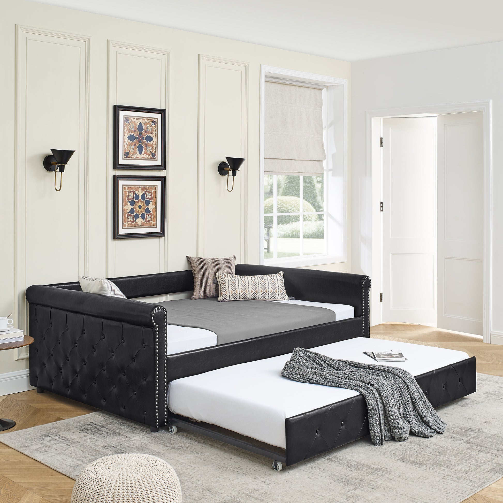 Twin Size Daybed with Trundle Upholstered Tufted Sofa Bed with Button and Copper Nails- Black, PU_1