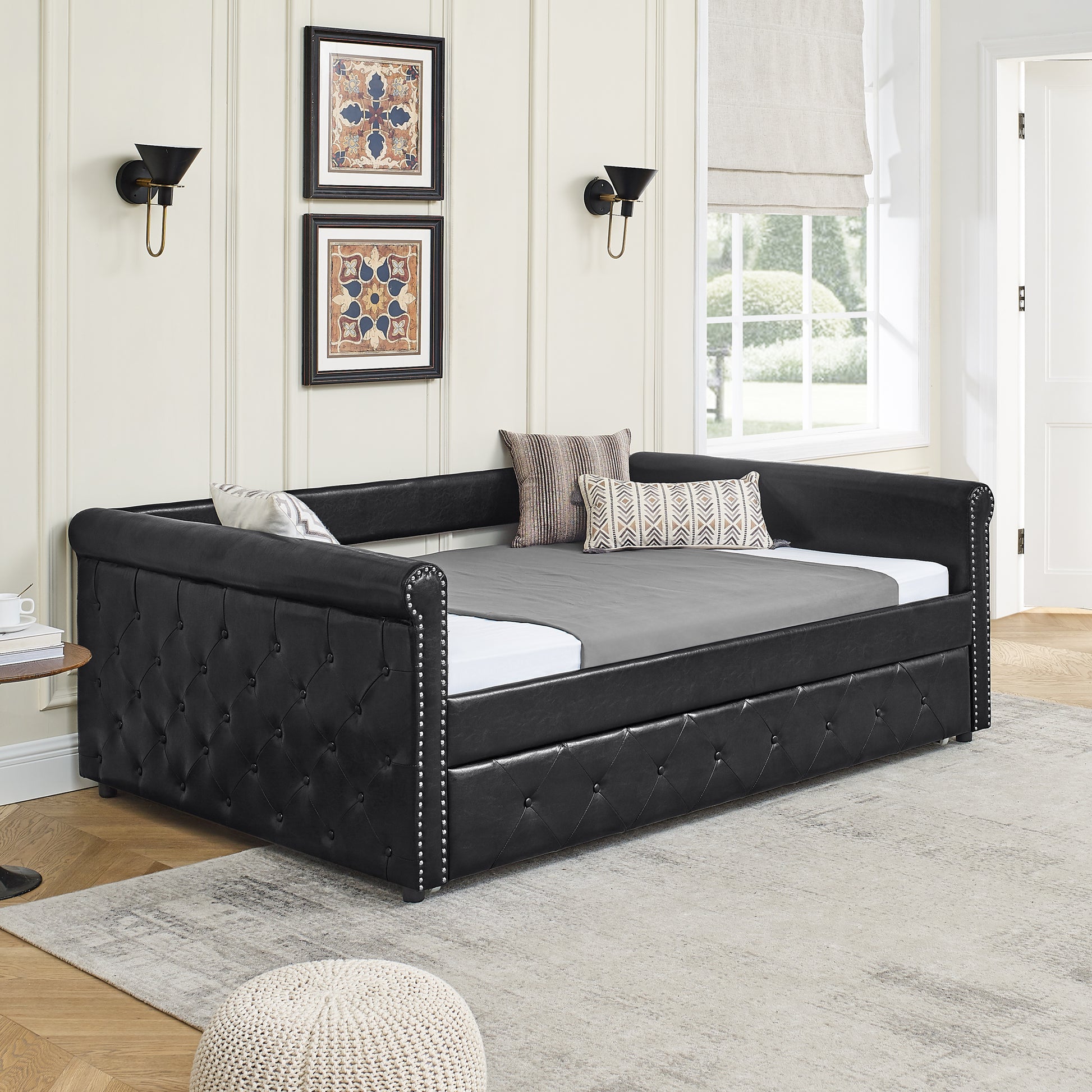 Twin Size Daybed with Trundle Upholstered Tufted Sofa Bed with Button and Copper Nails- Black, PU_0