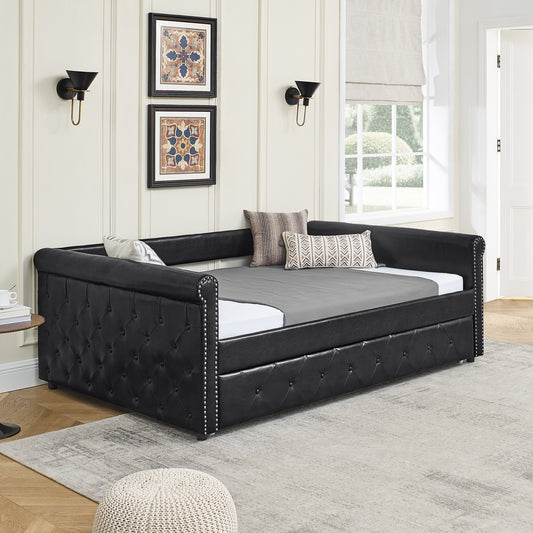 Twin Size Daybed with Trundle Upholstered Tufted Sofa Bed with Button and Copper Nails- Black, PU_0