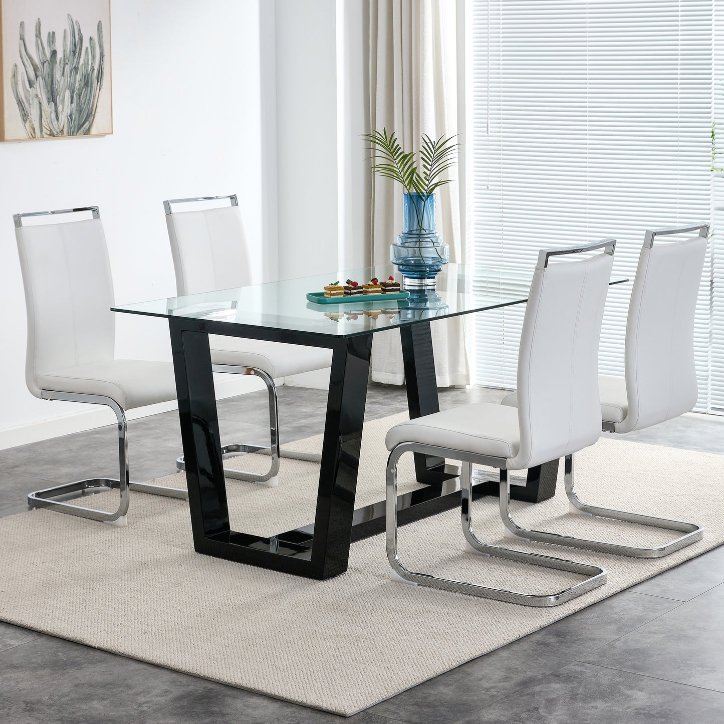 Rectangular Dining Transparent Tempered Glass Tabletop with Black Trapezoid Bracket_3
