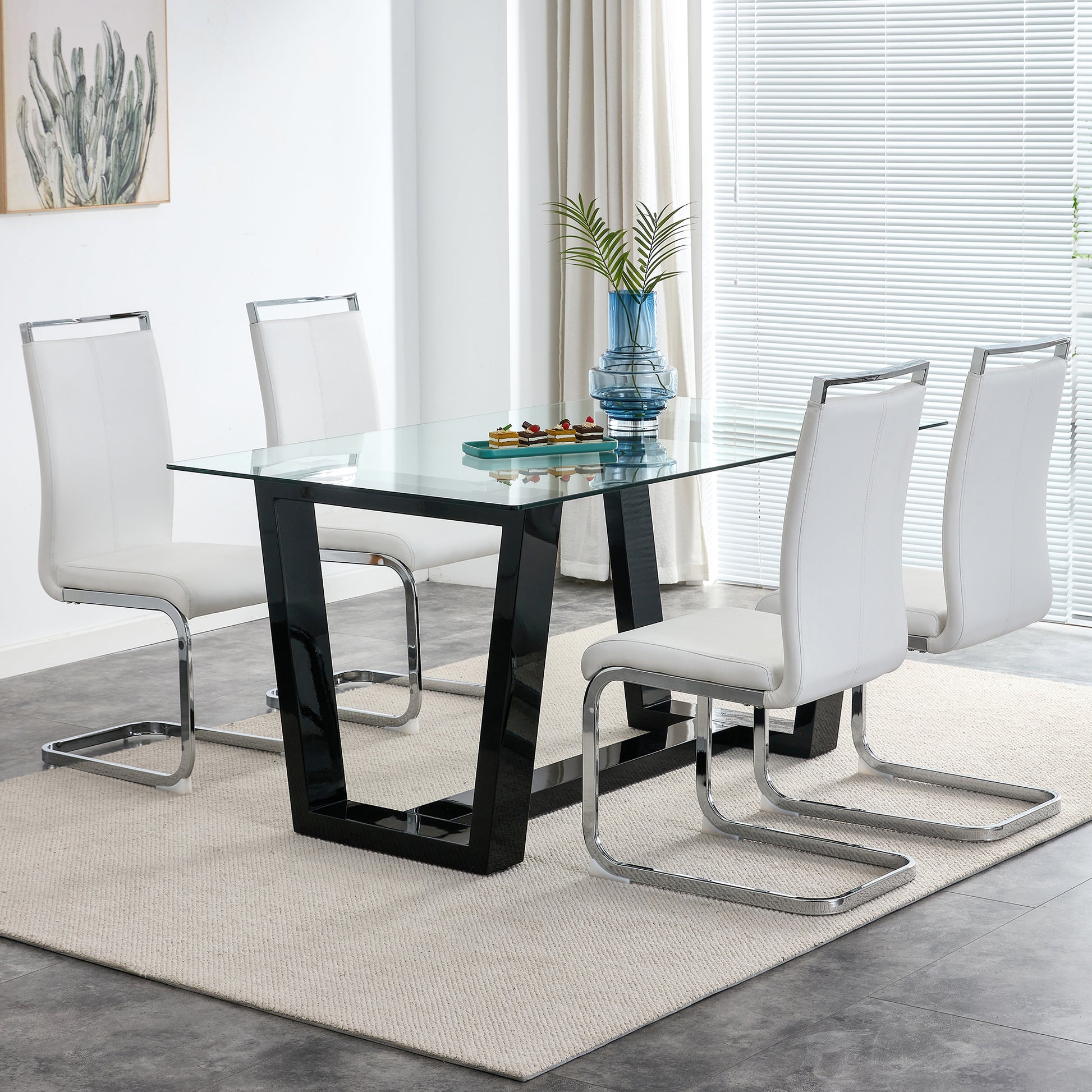 Rectangular Dining Transparent Tempered Glass Tabletop with Black Trapezoid Bracket_3