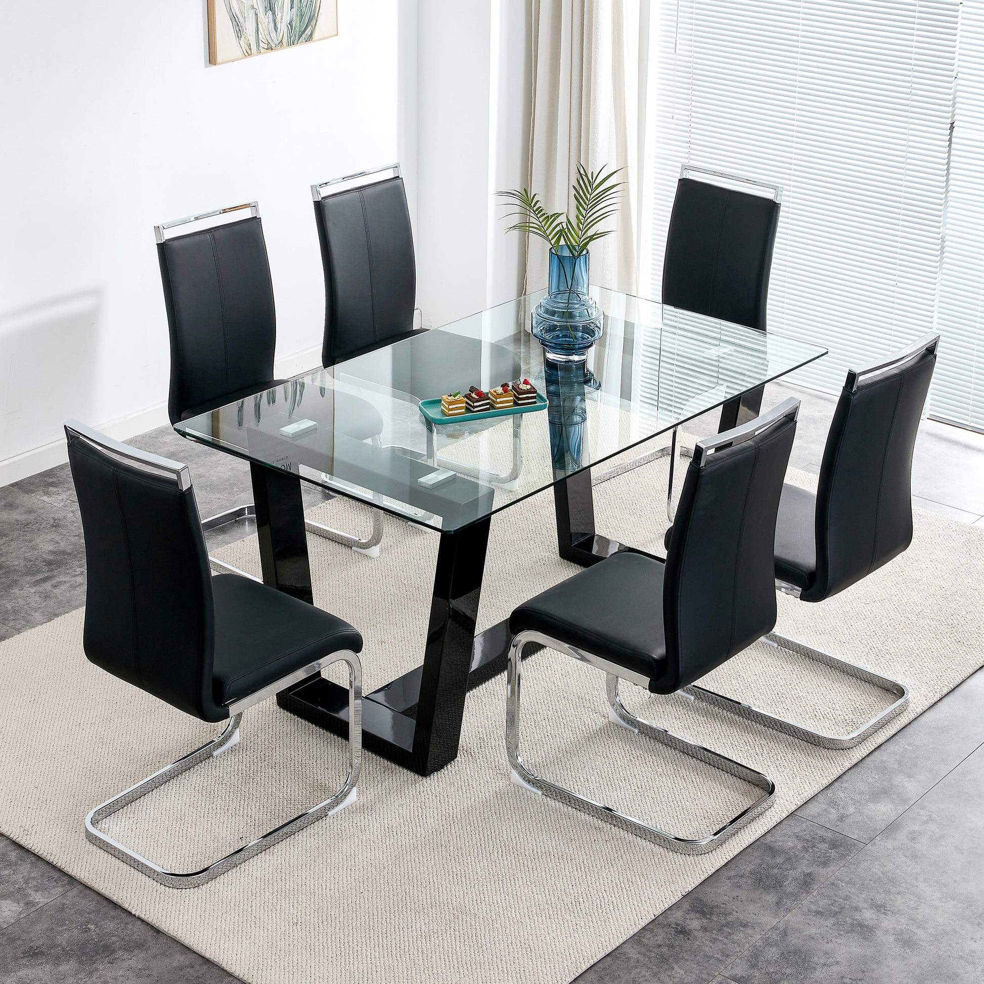 Rectangular Dining Transparent Tempered Glass Tabletop with Black Trapezoid Bracket_4