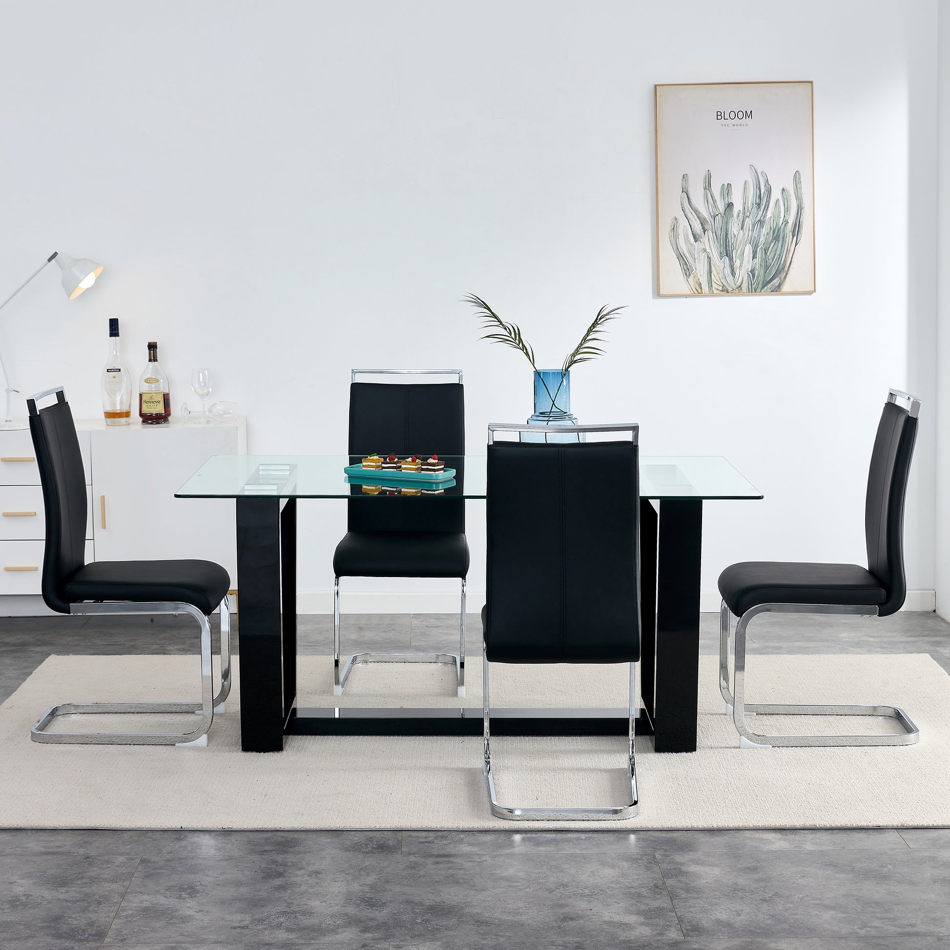 Rectangular Dining Transparent Tempered Glass Tabletop with Black Trapezoid Bracket_5