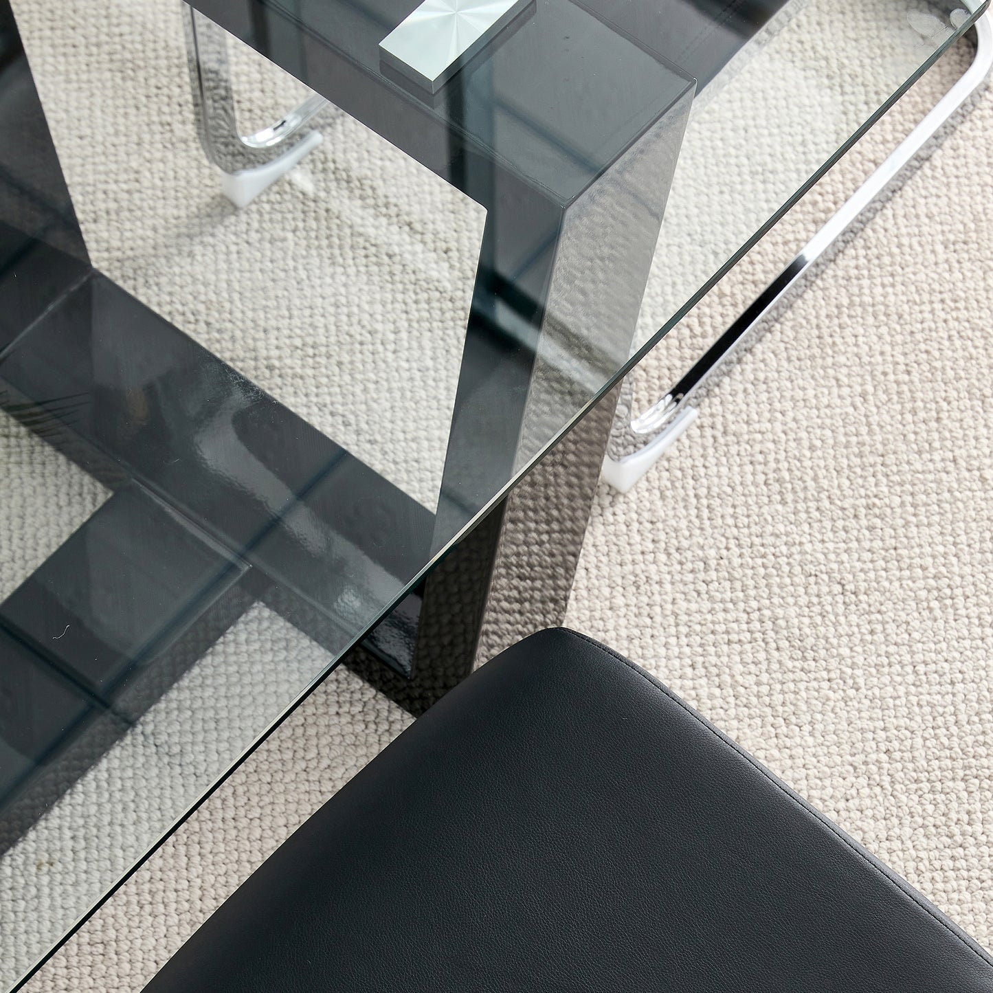 Rectangular Dining Transparent Tempered Glass Tabletop with Black Trapezoid Bracket_8