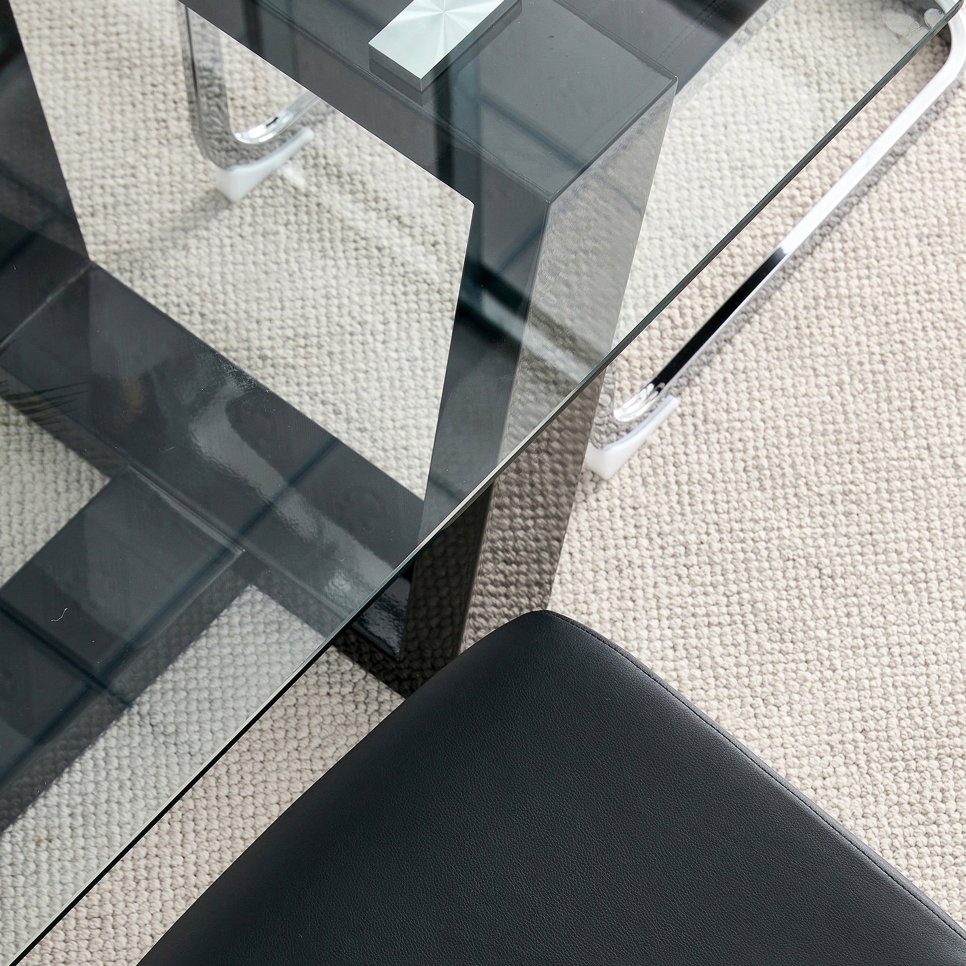 Rectangular Dining Transparent Tempered Glass Tabletop with Black Trapezoid Bracket_8