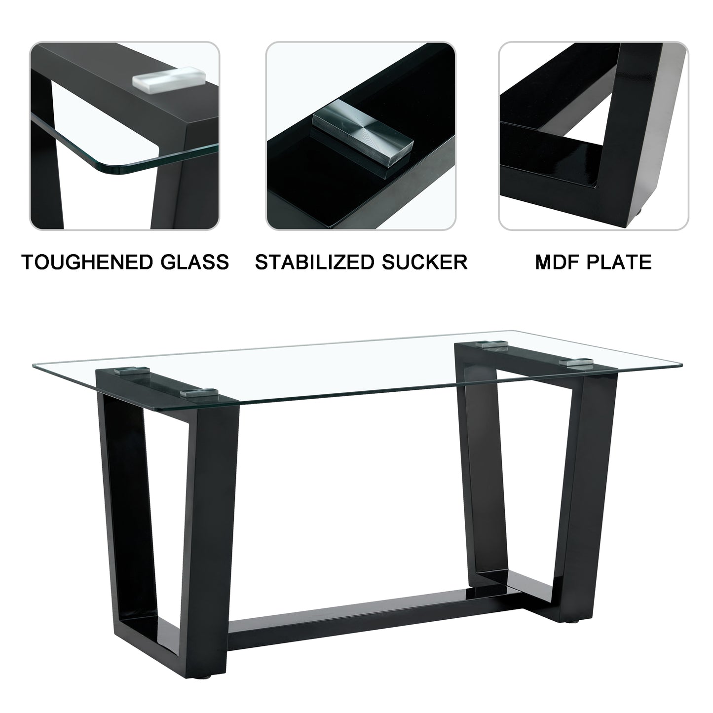 Rectangular Dining Transparent Tempered Glass Tabletop with Black Trapezoid Bracket_18