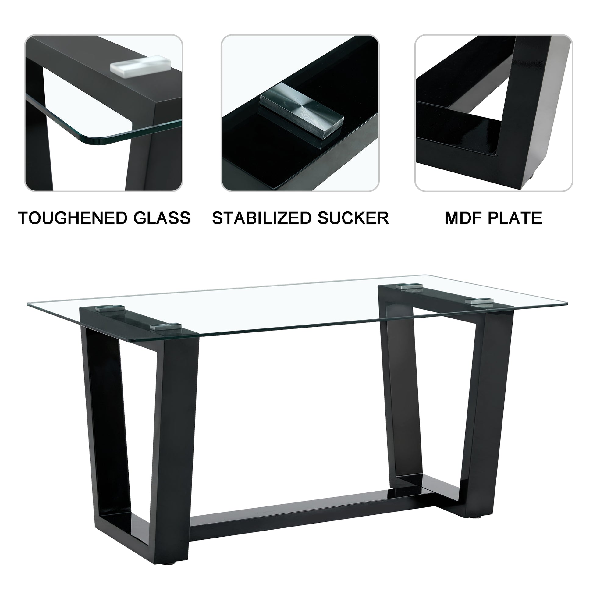 Rectangular Dining Transparent Tempered Glass Tabletop with Black Trapezoid Bracket_18