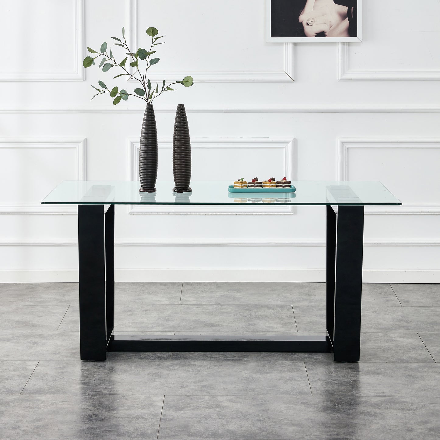 Rectangular Dining Transparent Tempered Glass Tabletop with Black Trapezoid Bracket_1