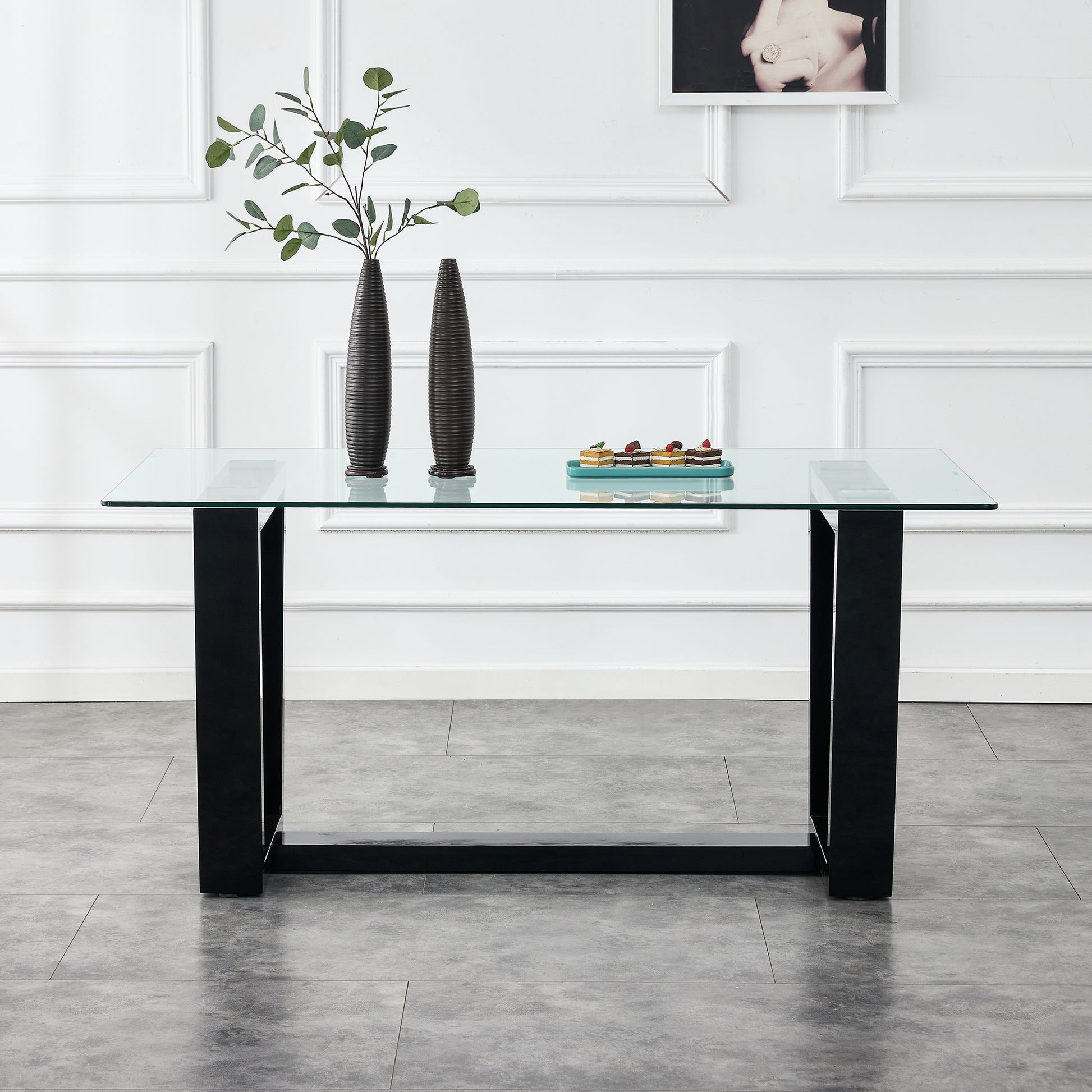 Rectangular Dining Transparent Tempered Glass Tabletop with Black Trapezoid Bracket_1
