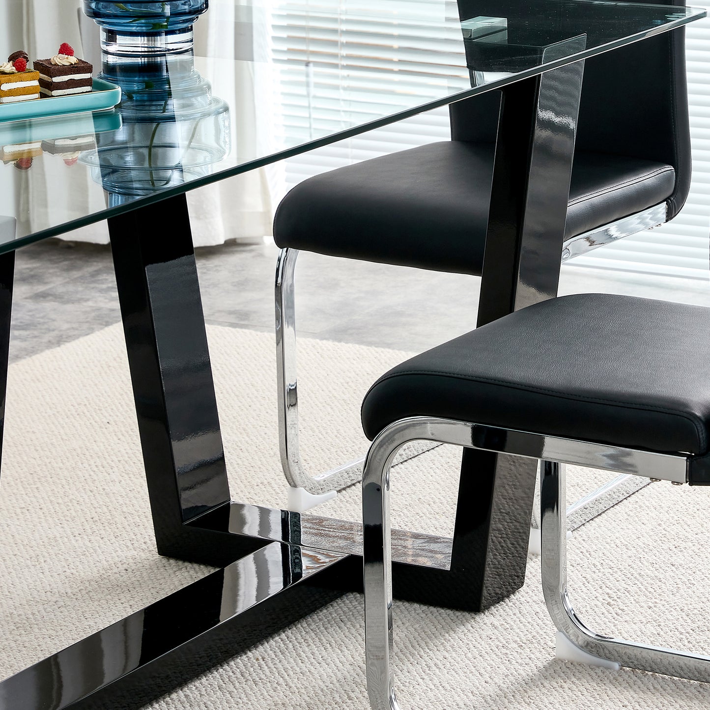 Rectangular Dining Transparent Tempered Glass Tabletop with Black Trapezoid Bracket_10