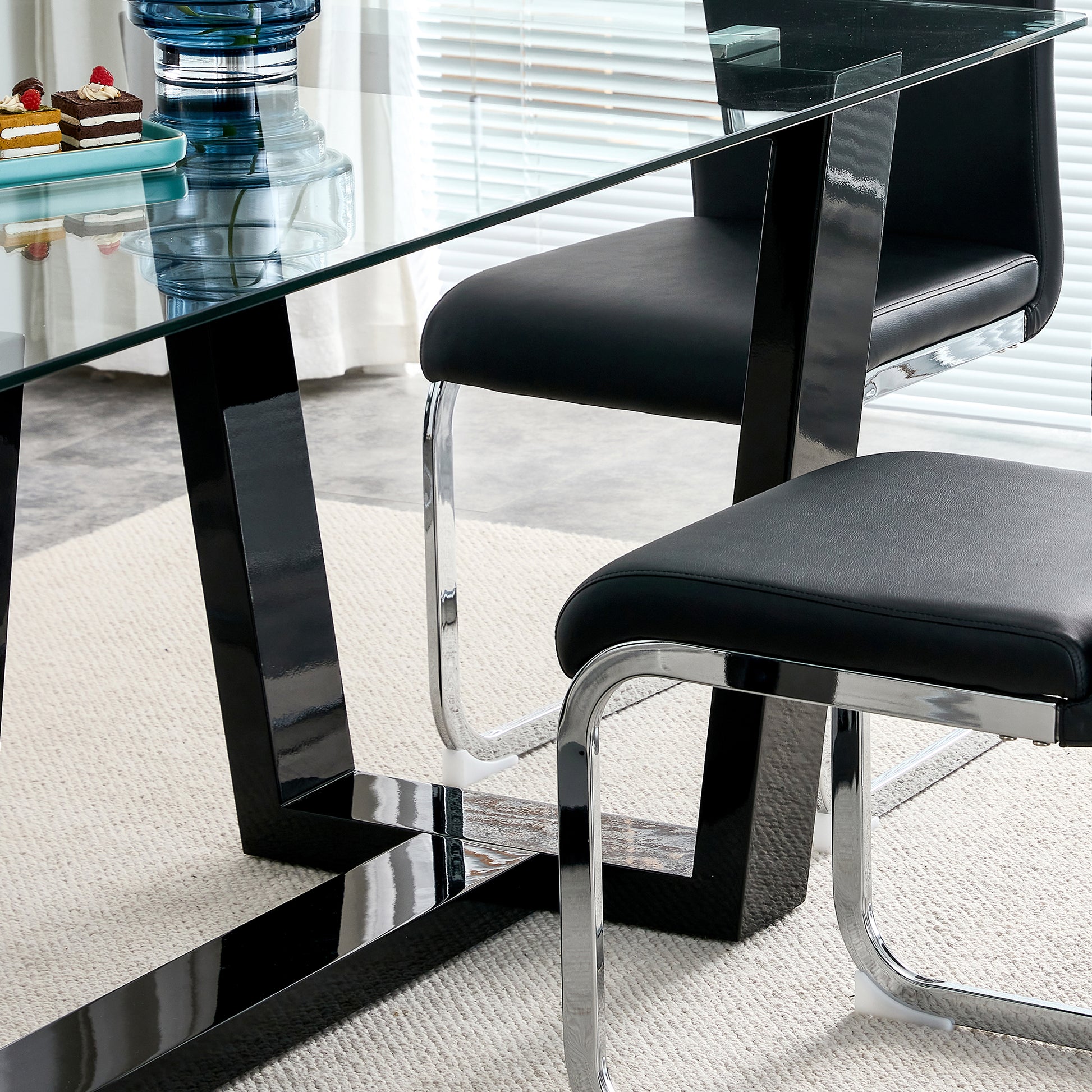 Rectangular Dining Transparent Tempered Glass Tabletop with Black Trapezoid Bracket_10