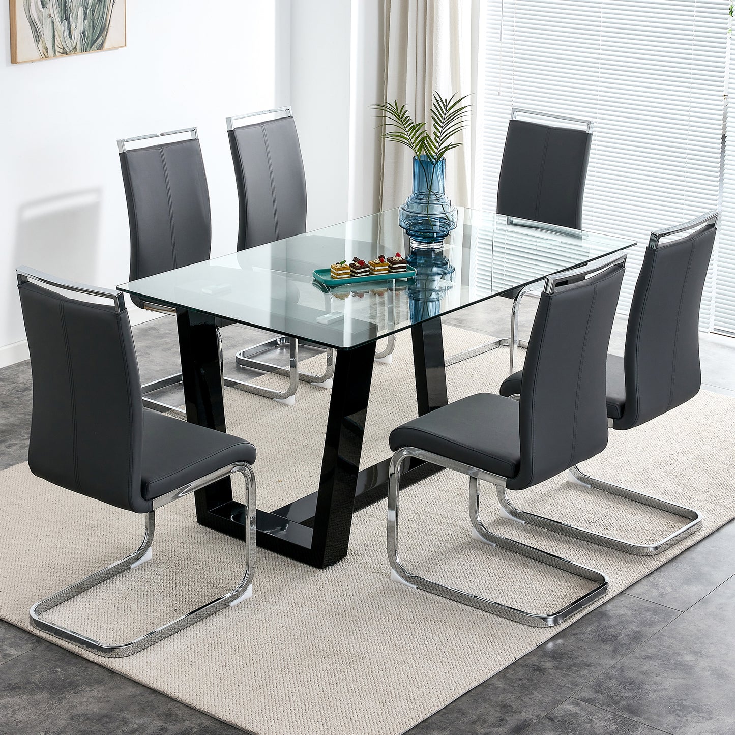 Rectangular Dining Transparent Tempered Glass Tabletop with Black Trapezoid Bracket_6