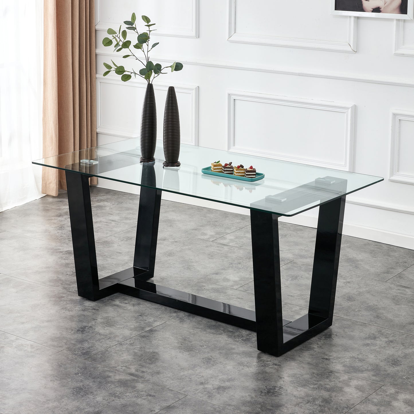 Rectangular Dining Transparent Tempered Glass Tabletop with Black Trapezoid Bracket_0