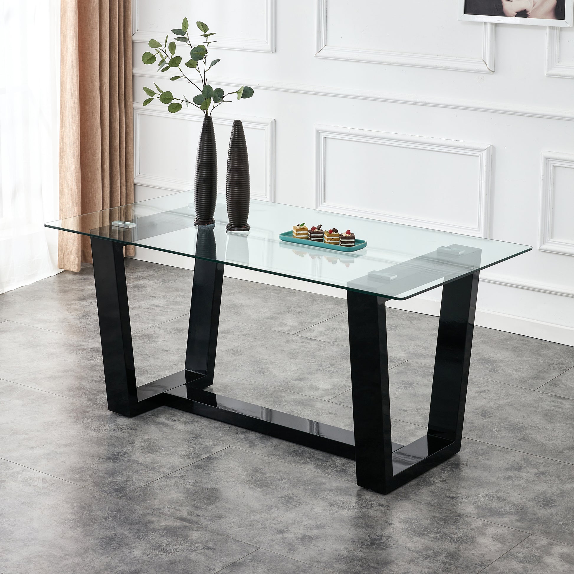 Rectangular Dining Transparent Tempered Glass Tabletop with Black Trapezoid Bracket_0