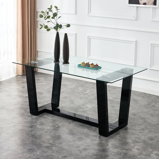 Rectangular Dining Transparent Tempered Glass Tabletop with Black Trapezoid Bracket_0
