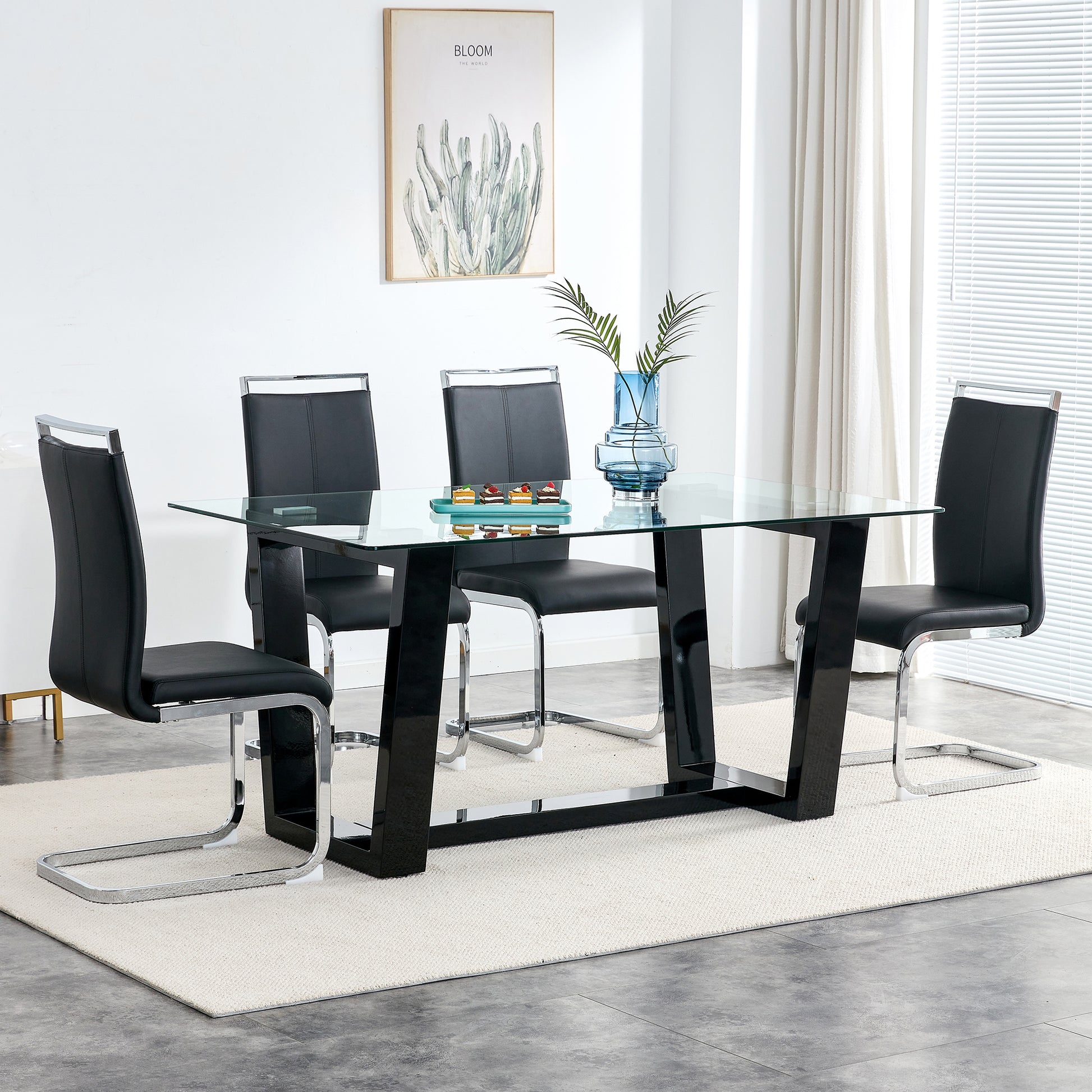 Rectangular Dining Transparent Tempered Glass Tabletop with Black Trapezoid Bracket_7