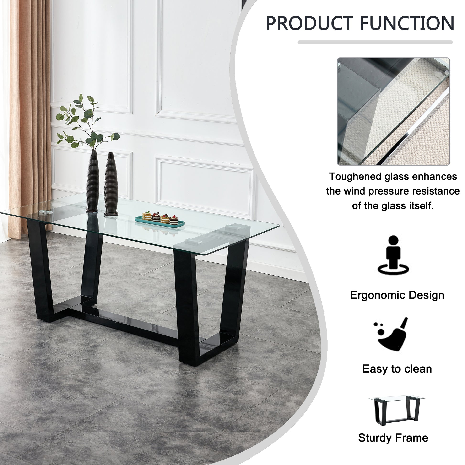 Rectangular Dining Transparent Tempered Glass Tabletop with Black Trapezoid Bracket_17