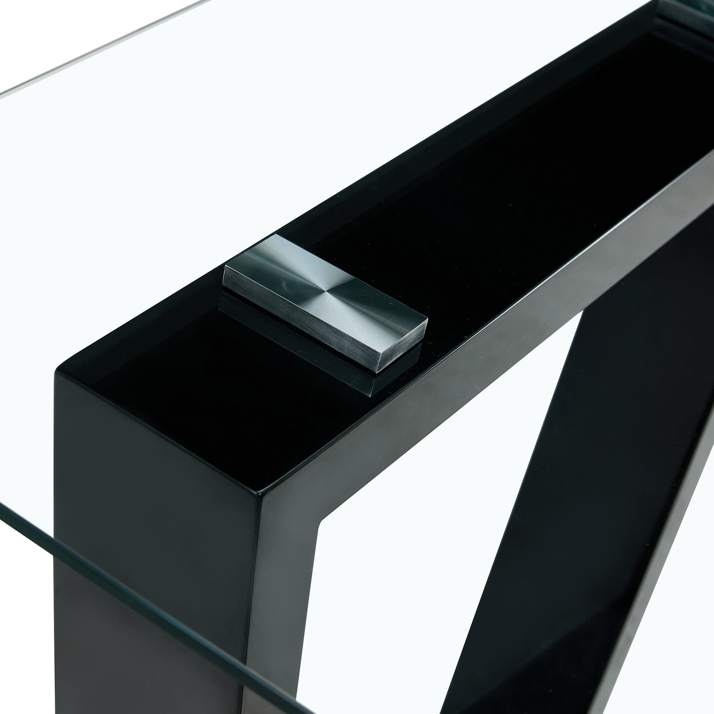 Rectangular Dining Transparent Tempered Glass Tabletop with Black Trapezoid Bracket_12