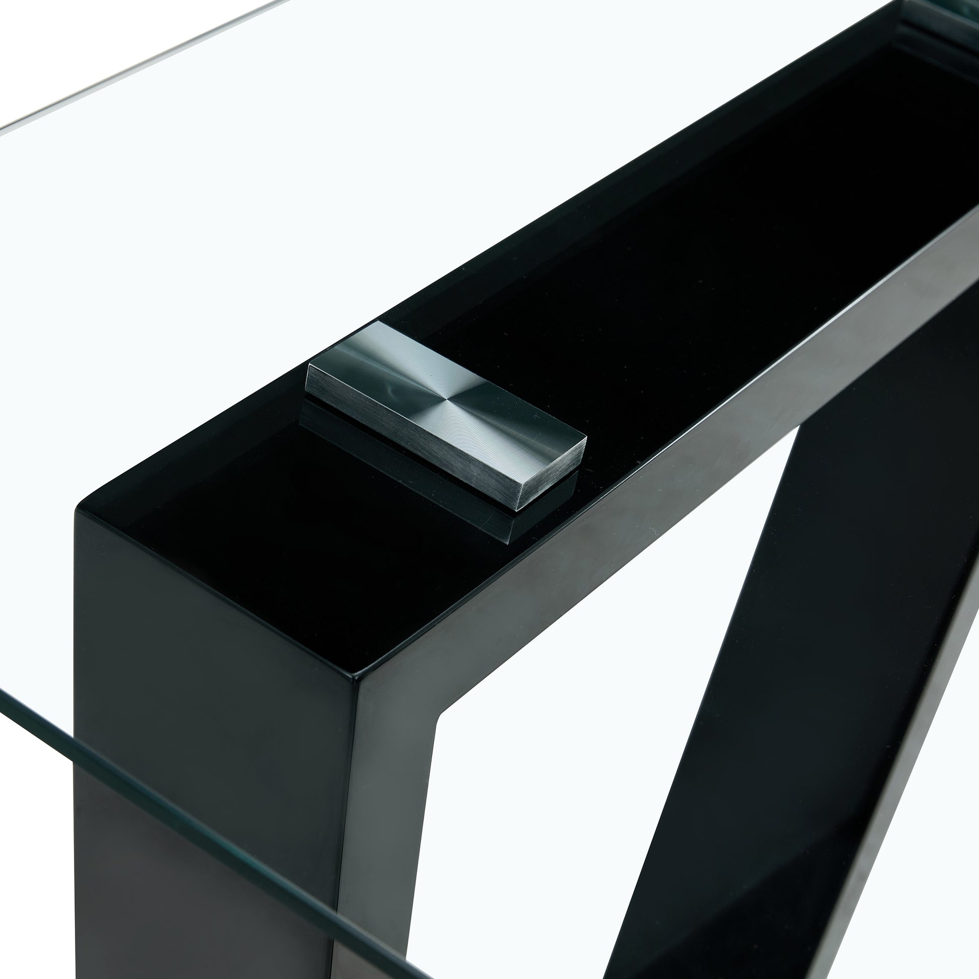 Rectangular Dining Transparent Tempered Glass Tabletop with Black Trapezoid Bracket_12