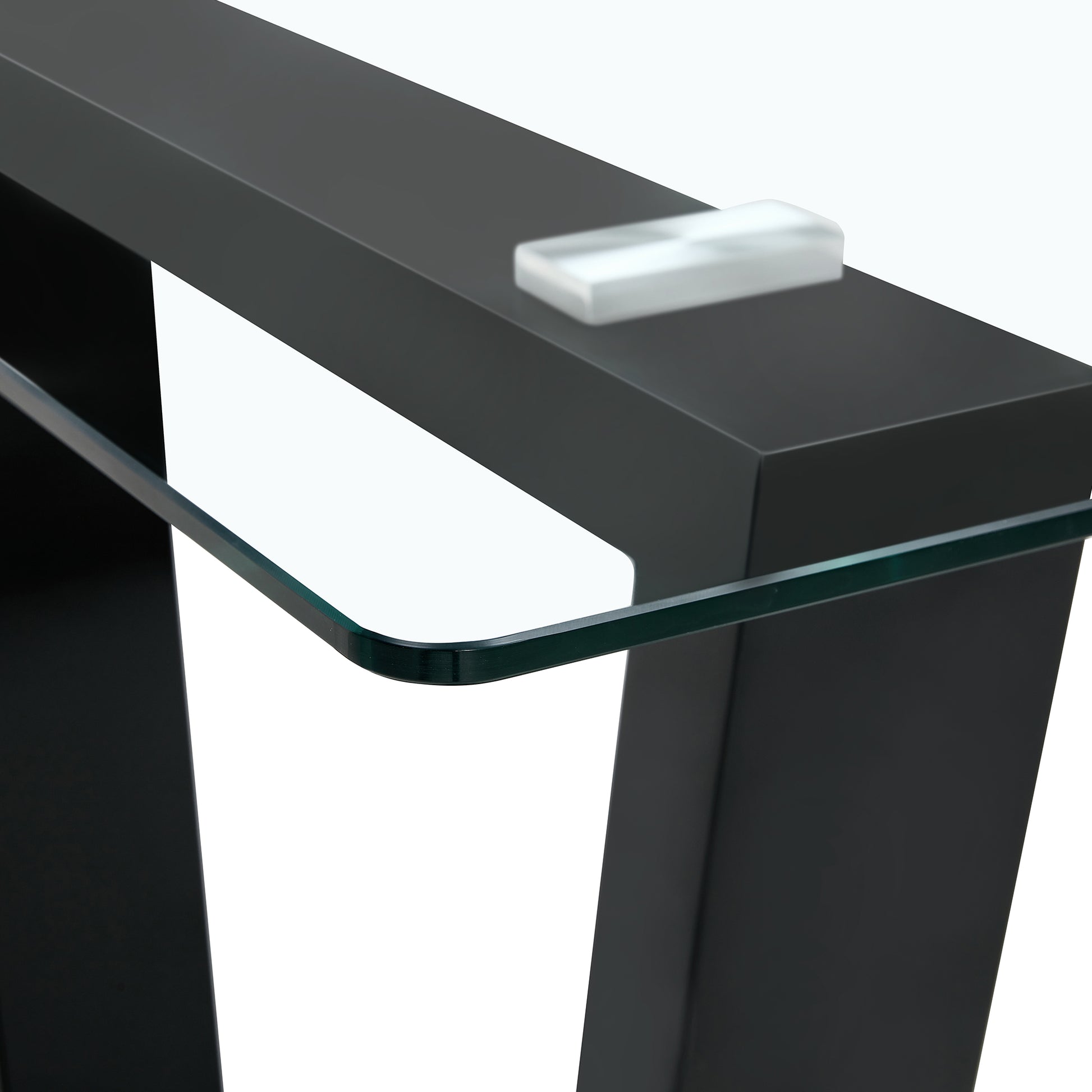 Rectangular Dining Transparent Tempered Glass Tabletop with Black Trapezoid Bracket_11