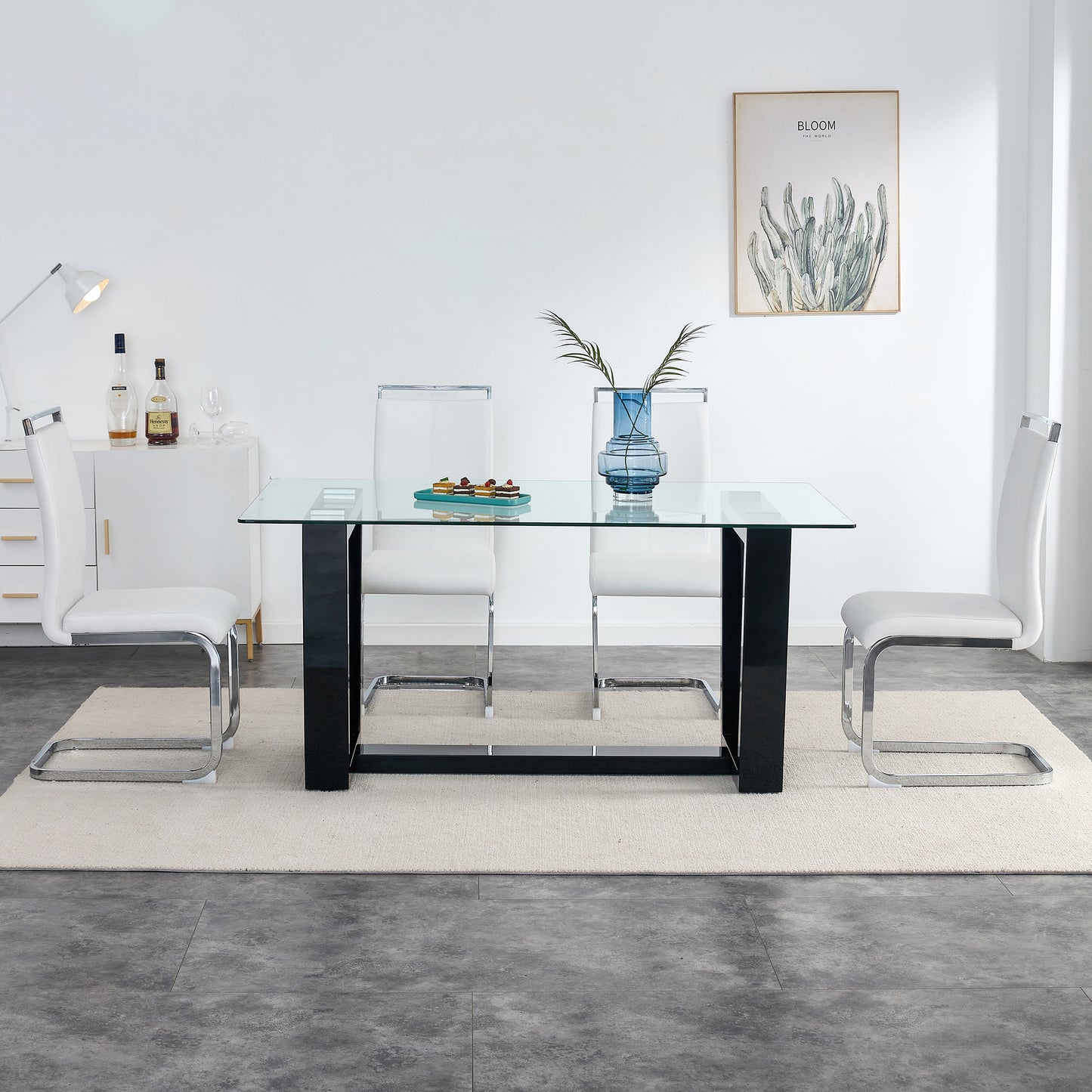 Rectangular Dining Transparent Tempered Glass Tabletop with Black Trapezoid Bracket_2