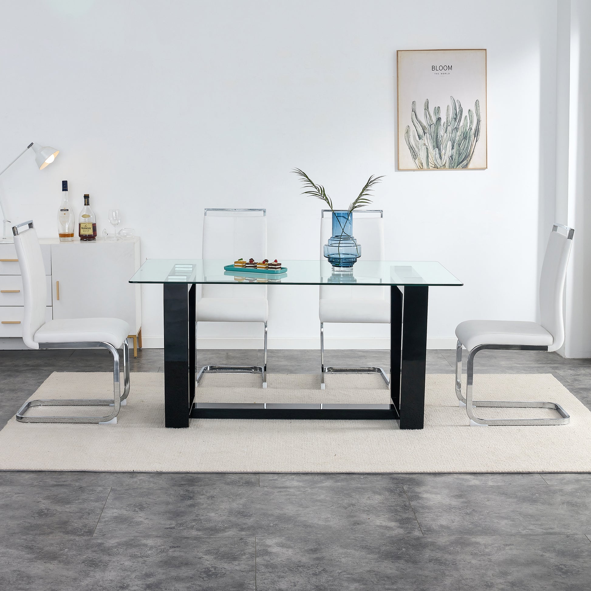 Rectangular Dining Transparent Tempered Glass Tabletop with Black Trapezoid Bracket_2