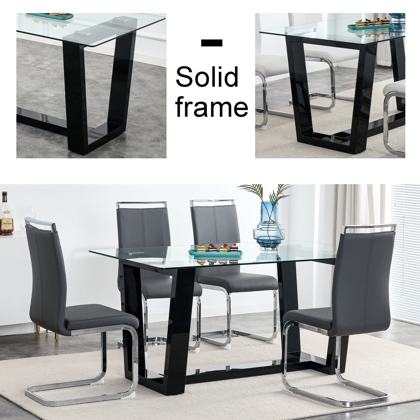 Rectangular Dining Transparent Tempered Glass Tabletop with Black Trapezoid Bracket_19
