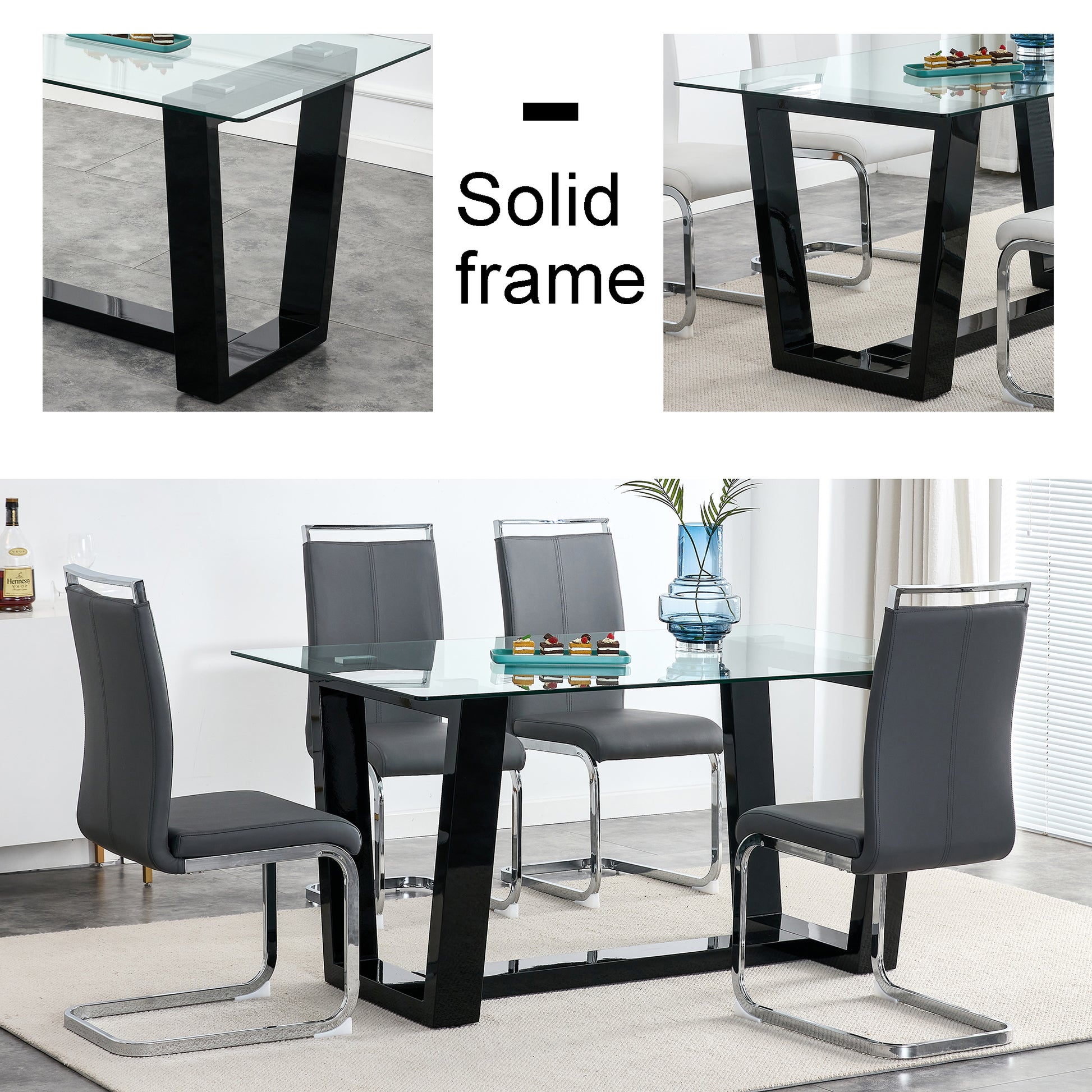 Rectangular Dining Transparent Tempered Glass Tabletop with Black Trapezoid Bracket_19