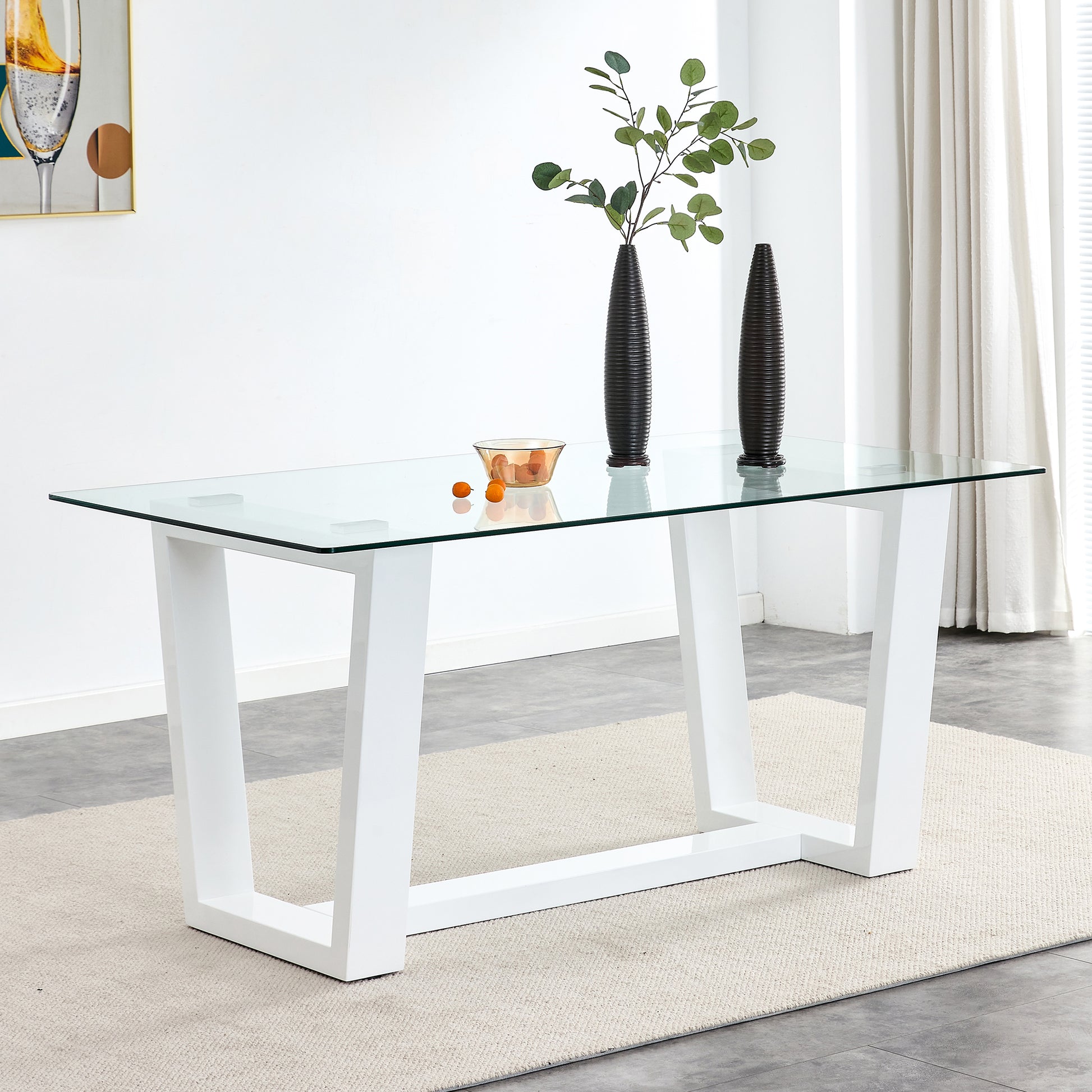 Rectangular Dining  Transparent Tempered Glass Tabletop with White Trapezoid Bracket_0