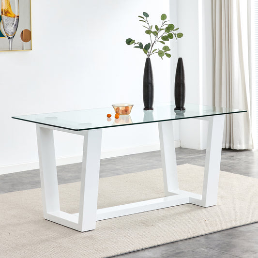 Rectangular Dining  Transparent Tempered Glass Tabletop with White Trapezoid Bracket_0