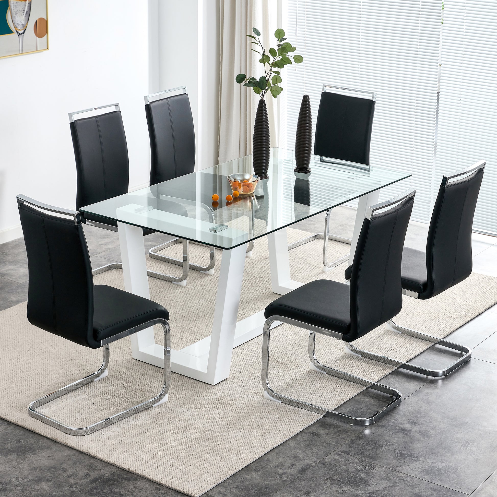 Rectangular Dining  Transparent Tempered Glass Tabletop with White Trapezoid Bracket_7