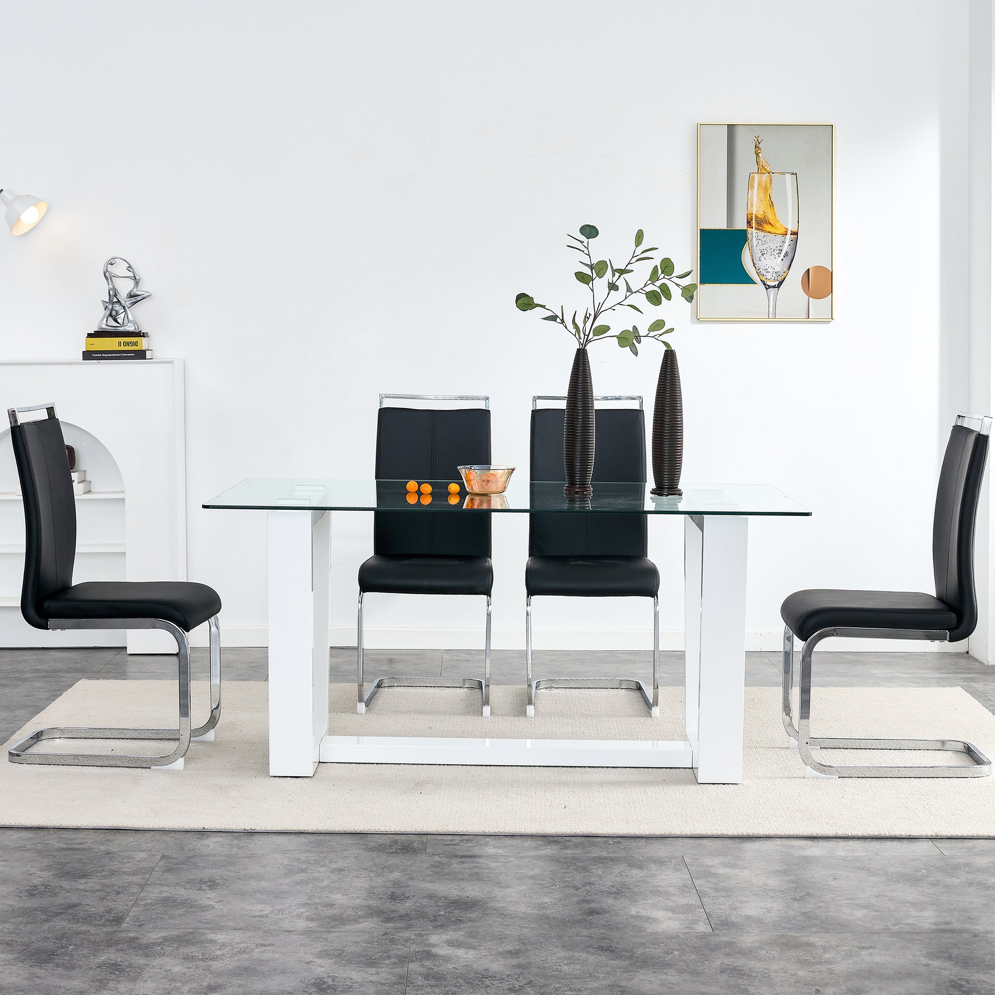Rectangular Dining  Transparent Tempered Glass Tabletop with White Trapezoid Bracket_3
