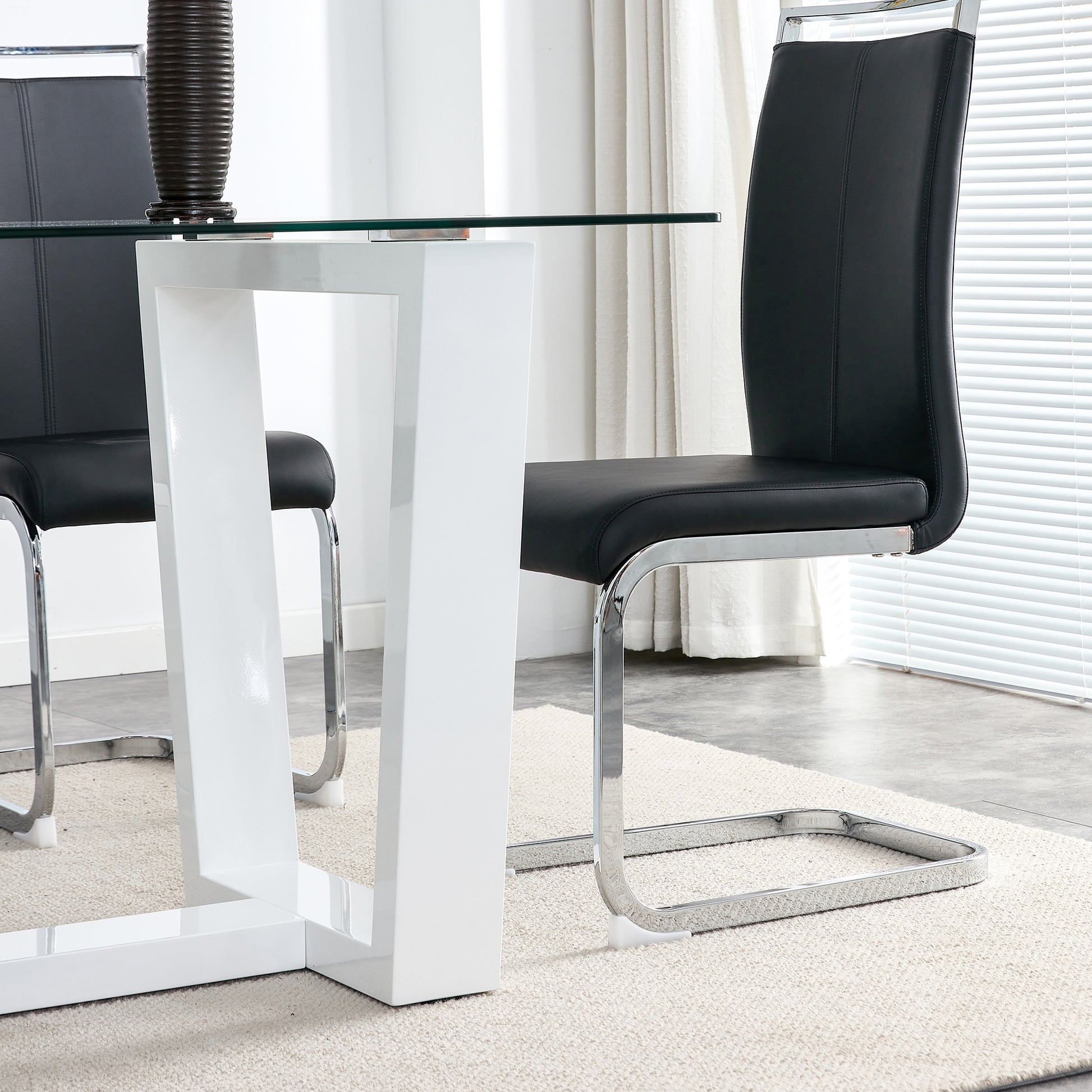 Rectangular Dining  Transparent Tempered Glass Tabletop with White Trapezoid Bracket_9