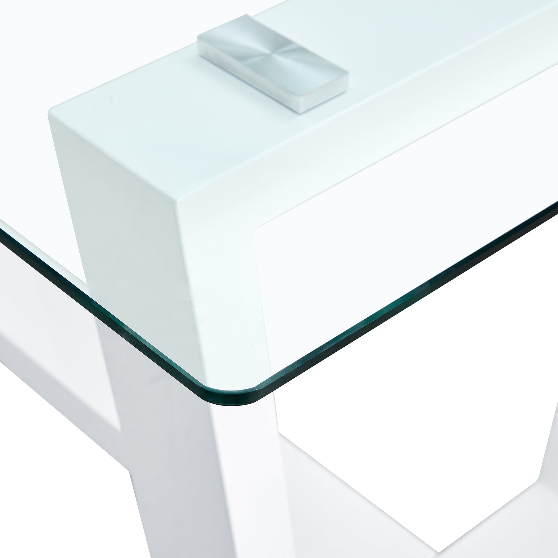 Rectangular Dining  Transparent Tempered Glass Tabletop with White Trapezoid Bracket_18