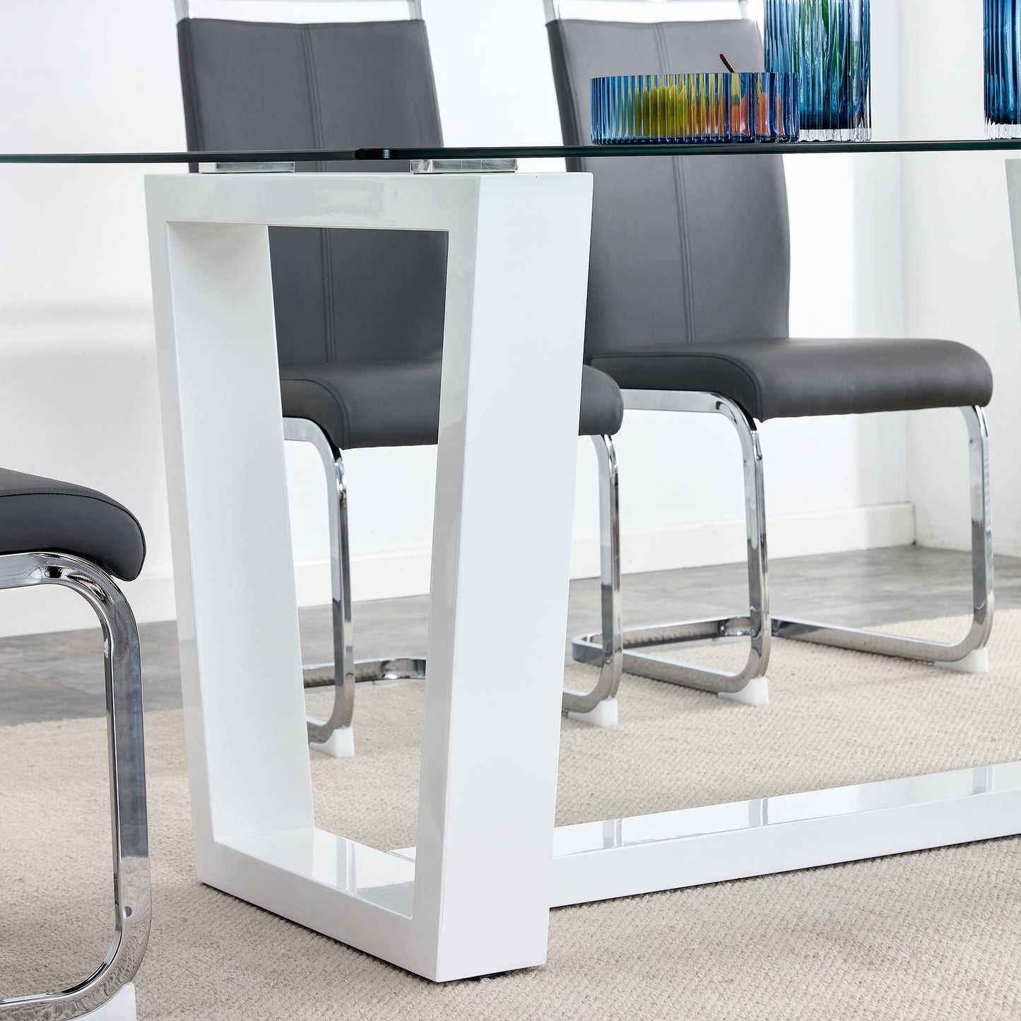 Rectangular Dining  Transparent Tempered Glass Tabletop with White Trapezoid Bracket_11