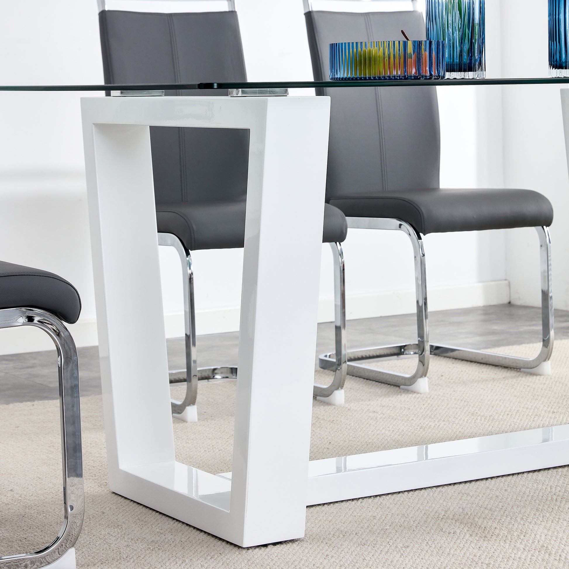 Rectangular Dining  Transparent Tempered Glass Tabletop with White Trapezoid Bracket_11